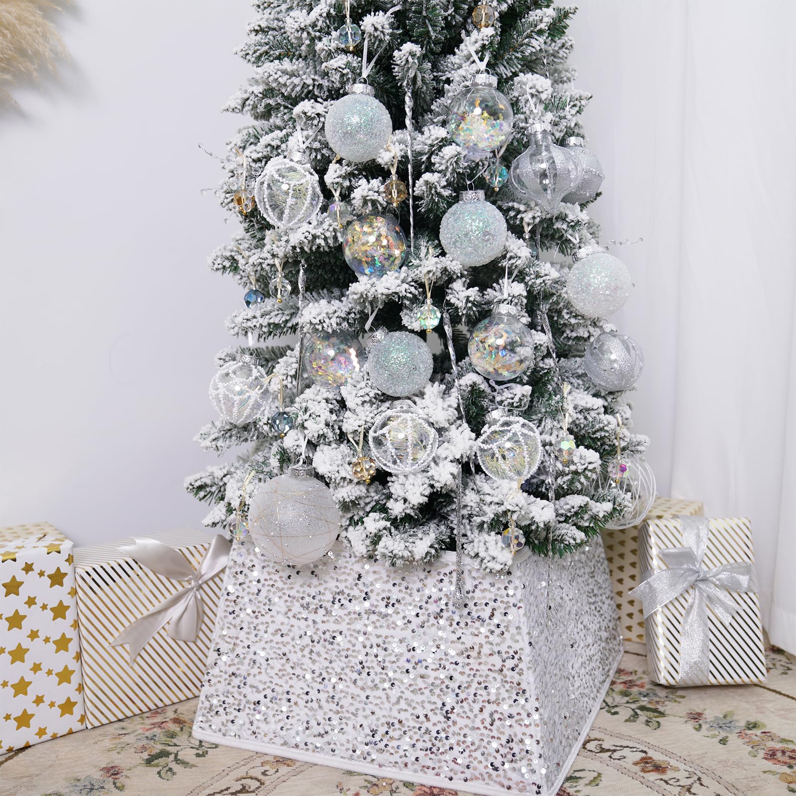 Transforma tu árbol de Navidad con la falda de árbol de lentejuelas brillantes de Sunshine – Tamaño pequeño de 24 pulgadas, collar de árbol de Navidad para decoración del hogar (blanco)