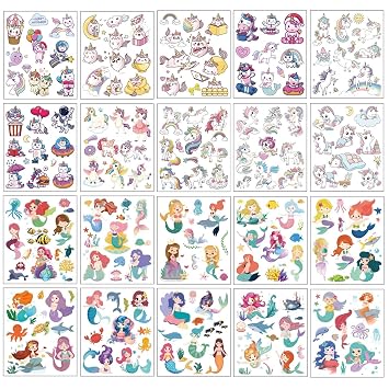 20 Sheets Unicorn and Mermaid Princess Temporary Tattoos for Kids Fun Cartoon Face Stickers Safe Waterproof Fake Tattoo Stickers for Girls Party Favors