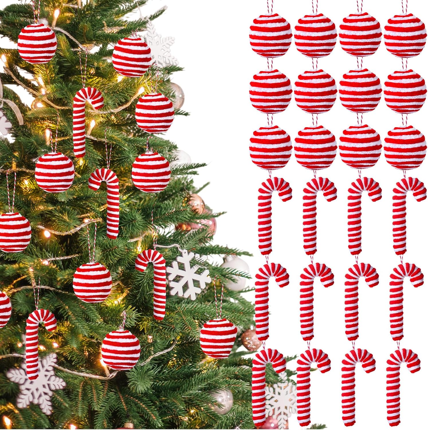 Soulchen 24 Pcs Christmas Candy Cane Ball Decorations - Plush Candy Cane and Hanging Christmas Ball Ornaments, Tree Hanging Decorations for Xmas Tree Home Party Favor Supplies (Red and White)