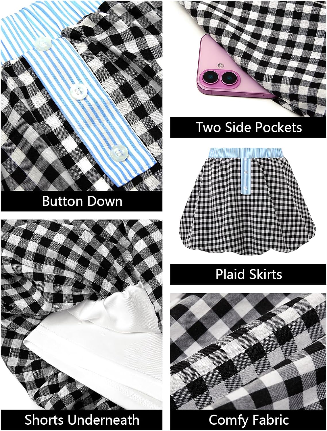 Wenrine Womens Gingham Bubble Mini Skirts Striped Elastic Waist Cute Y2K Skorts Plaid Summer Beach Skirt - Image 4