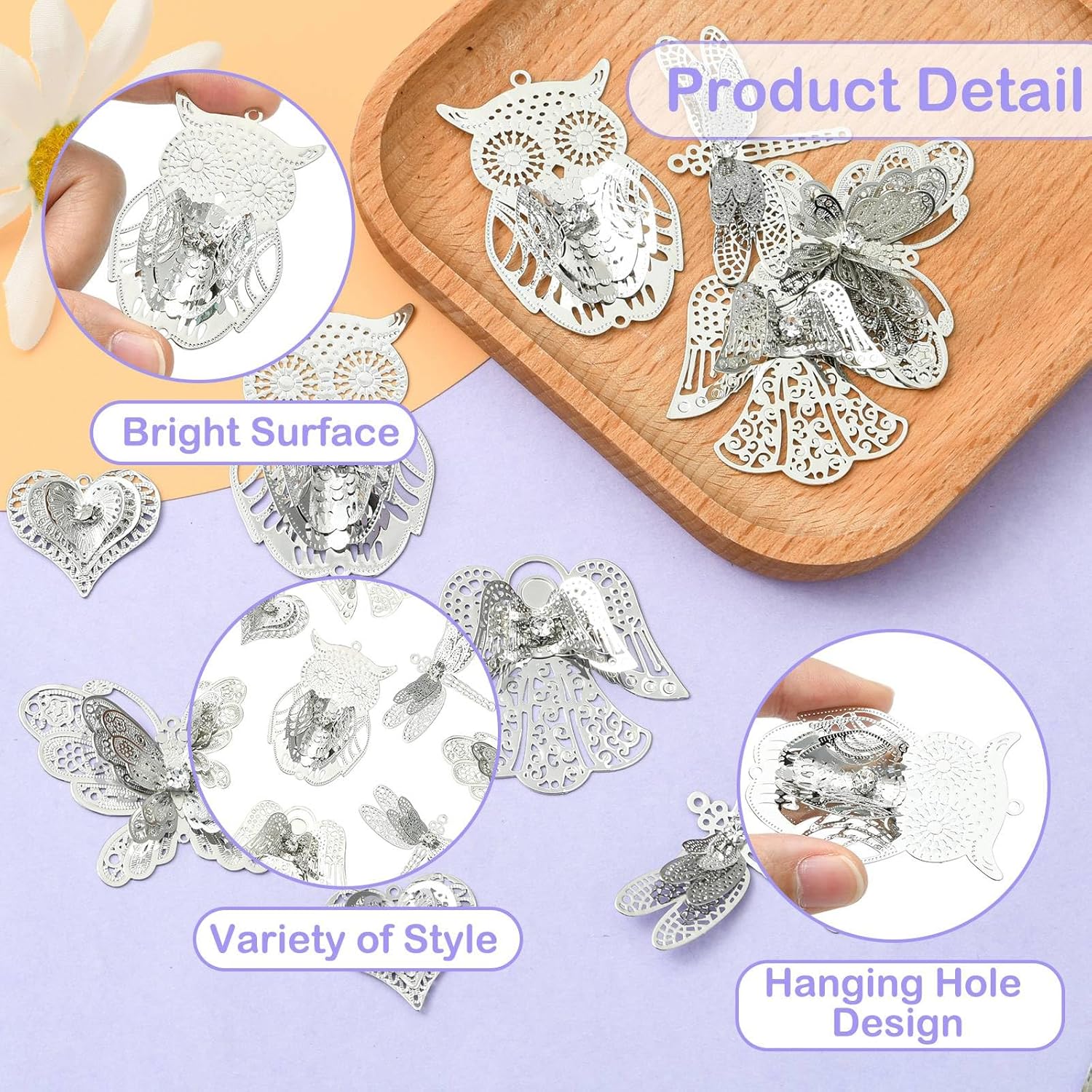 KitBeads 10Pcs 5 Styles Butterfly Dragonfly Charms Antique Filigree Connector Charms 3D Hollow Heart Angel Wing Charms for DIY Jewelry Making Necklaces - Image 3