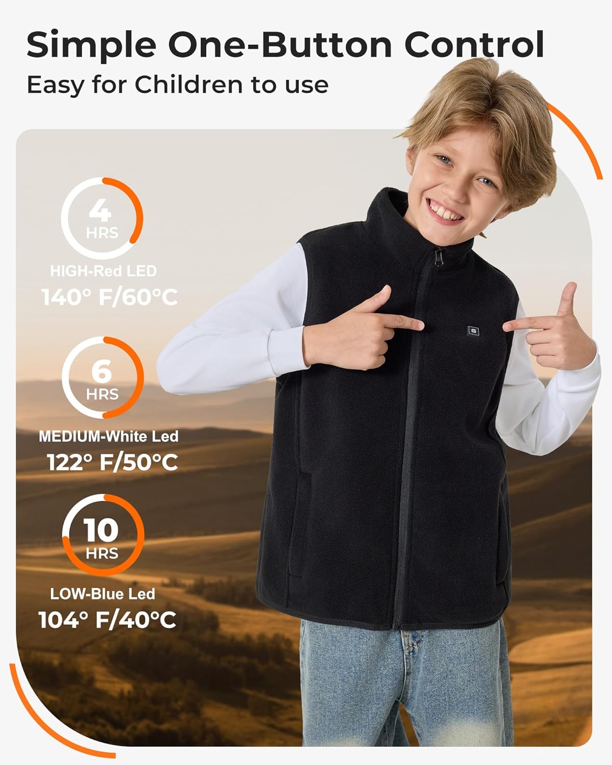 Glaais Kids Heated Vest with 7.4V 12000mAh Battery Pack Included, Boys Girls Lightweight Electric Fleece Heated Vests