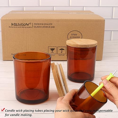 Miniatura 6 de MILIVIXAY 12 tarros de vela de vidrio ámbar de 10 onzas con tapas y kits de fabricación de velas, tarros de velas vacíos a granel para hacer velas,