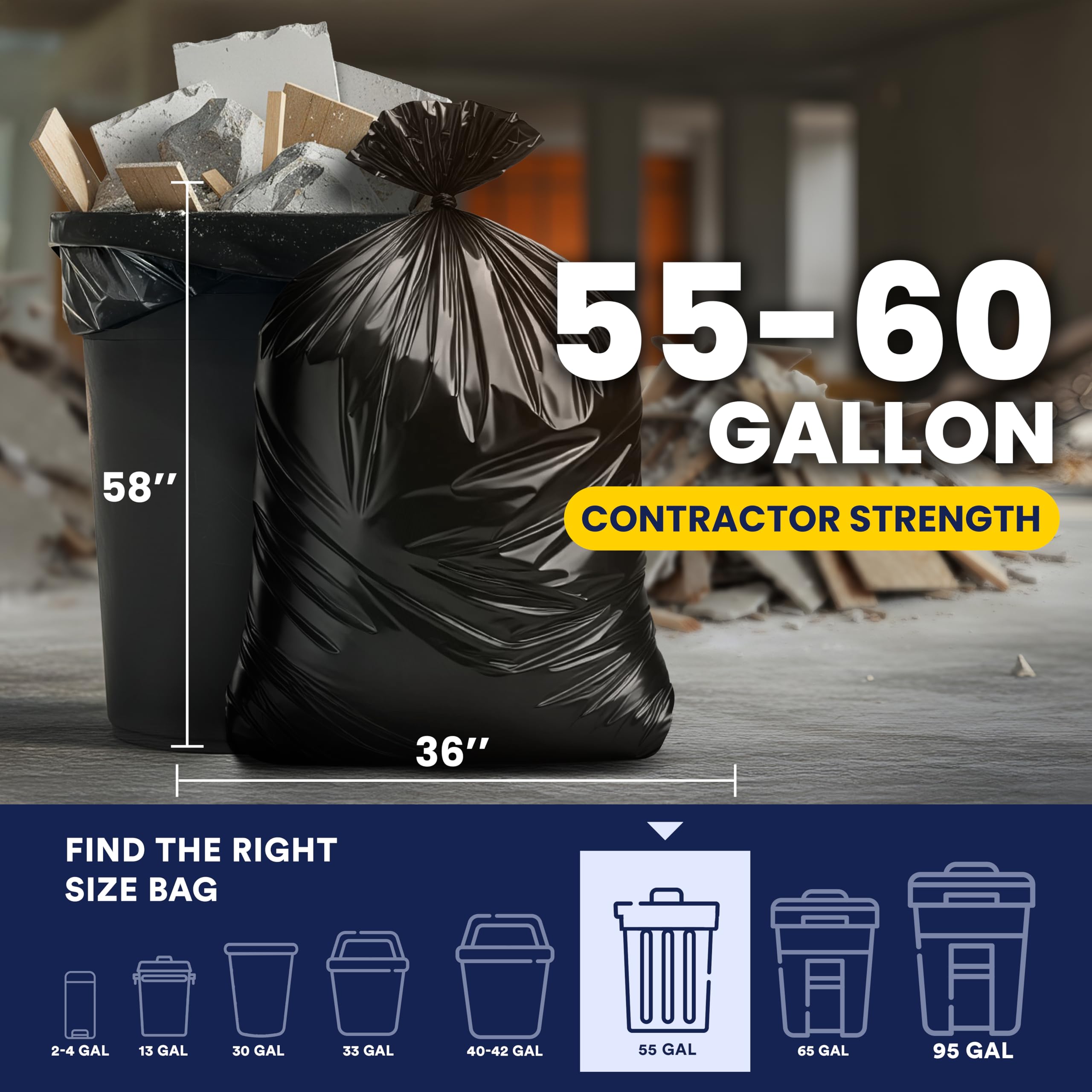 Plasticplace CON55X6 Müllbeutel für Bauunternehmer, 1,4-25 Liter, 6,0 Mil, Schwarz, strapazierfähig, 91,4 x 147,3 cm, 25 Stück