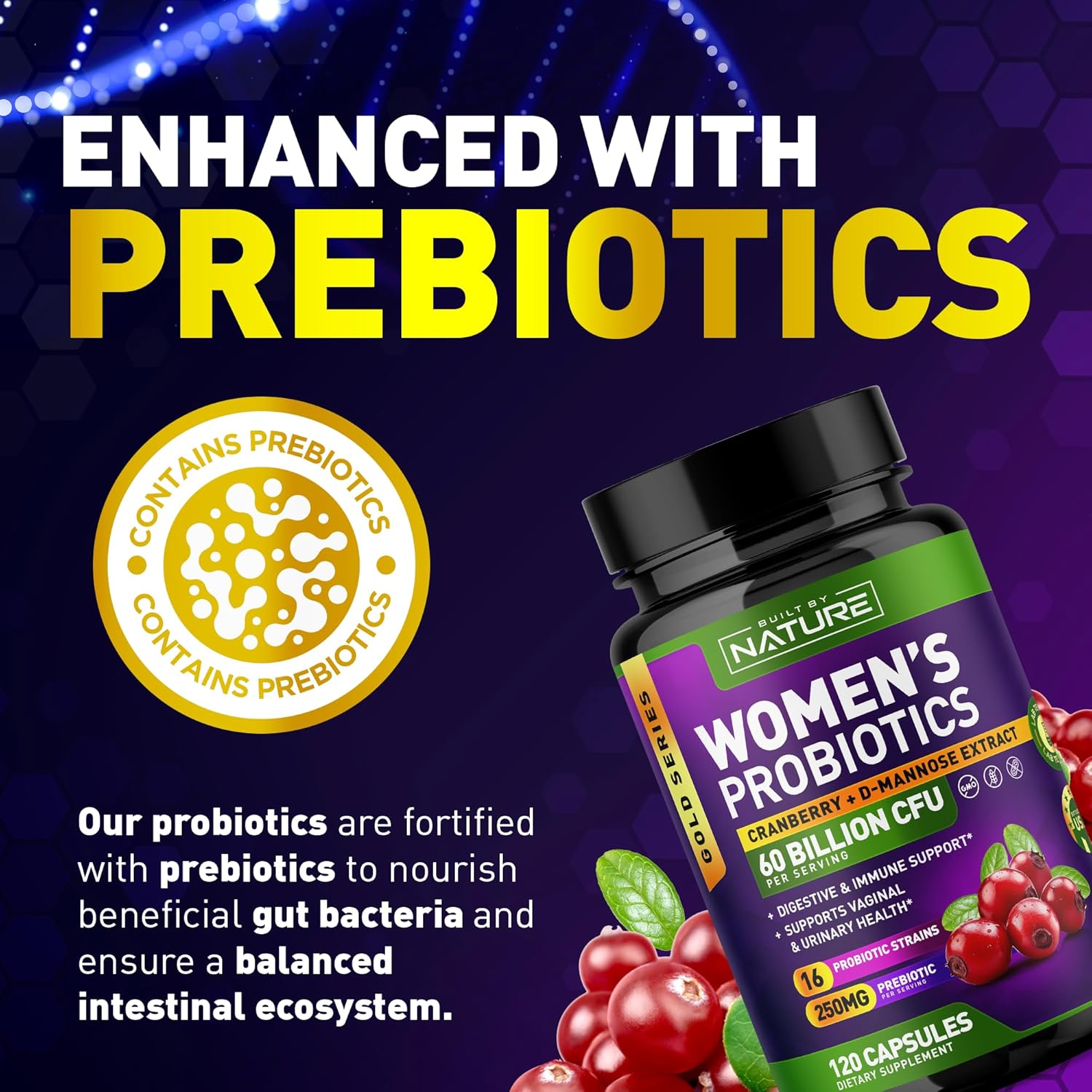 Probiotics for Women - 60 Billion CFUs, 16 Strains, with Cranberry, D-Mannose & Prebiotics - Supports Digestive, Immune, & Vaginal Health - Non-GMO, Dairy & Gluten-Free - 120 Veggie Capsules - Image 8