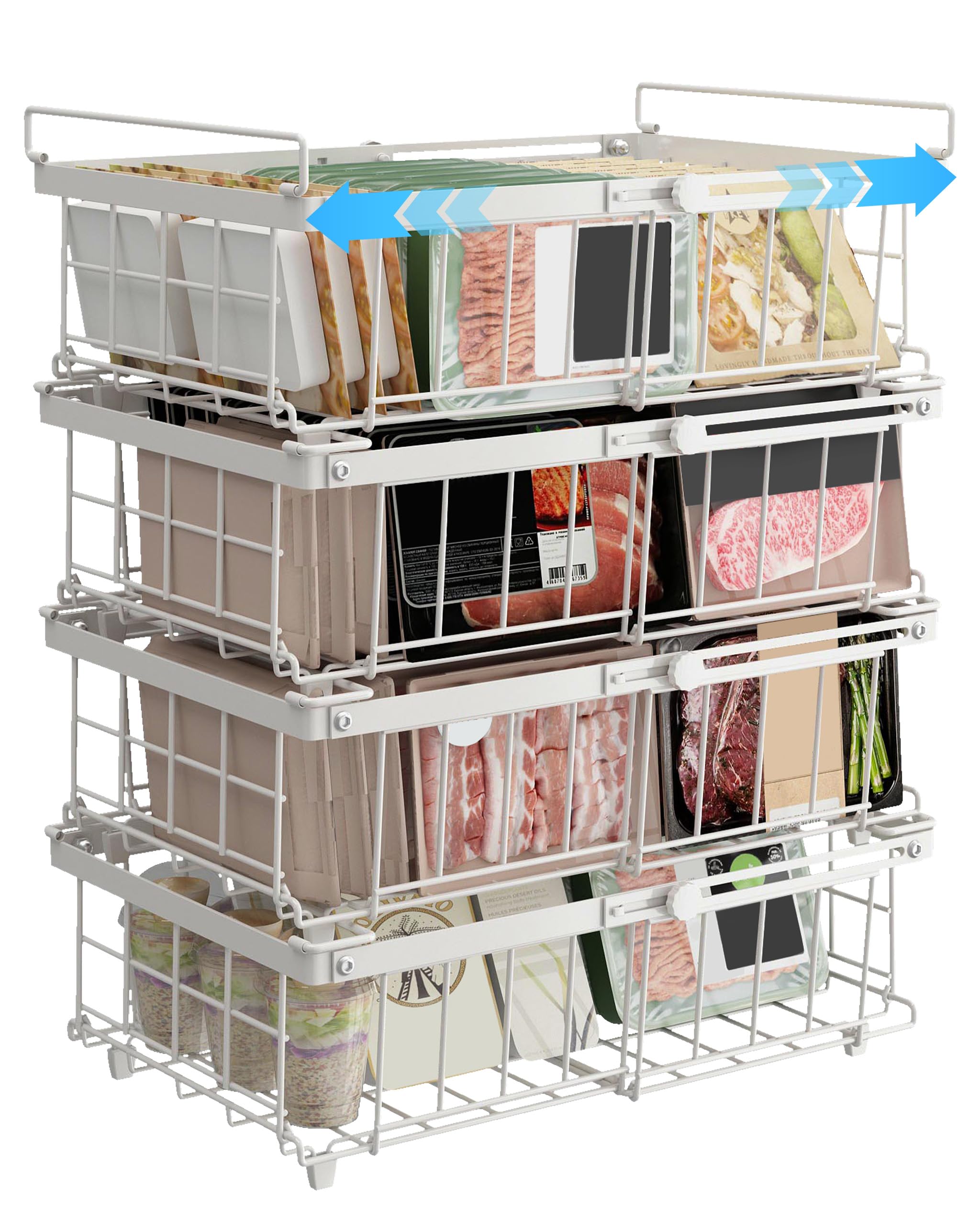 UMDONX 4 Pack Expandable Metal Organiser Basket Chest Freezer Storage Boxes, Stackable Forzen Food Containers with Foldable Handle Kitchen Pantry Shelf Rack, White Load 25KG