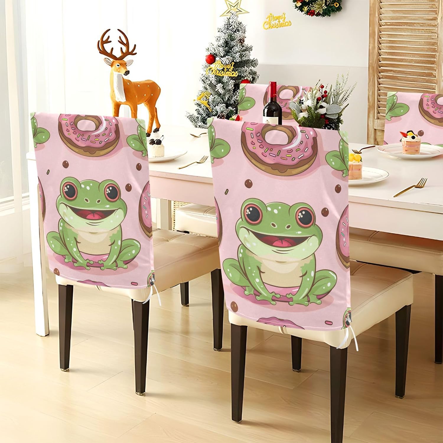 ALAZA Donuts Cute Frog Chair Back Cover Set of 6, Washable Reusable Removable Chair Slipcovers Decorative Chair Cover for Home Kitchen Wedding Party