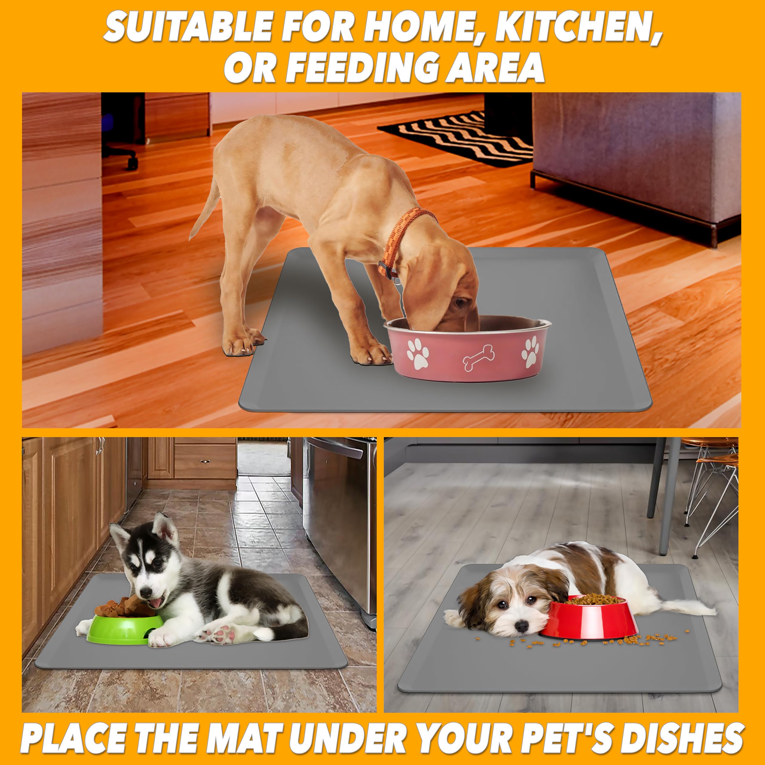 Skywin Futtermatte für Haustiere (grau) – 71,1 x 76,2 cm Silikon-Platzset für Hunde- und Katzenfutter, Wassernapf