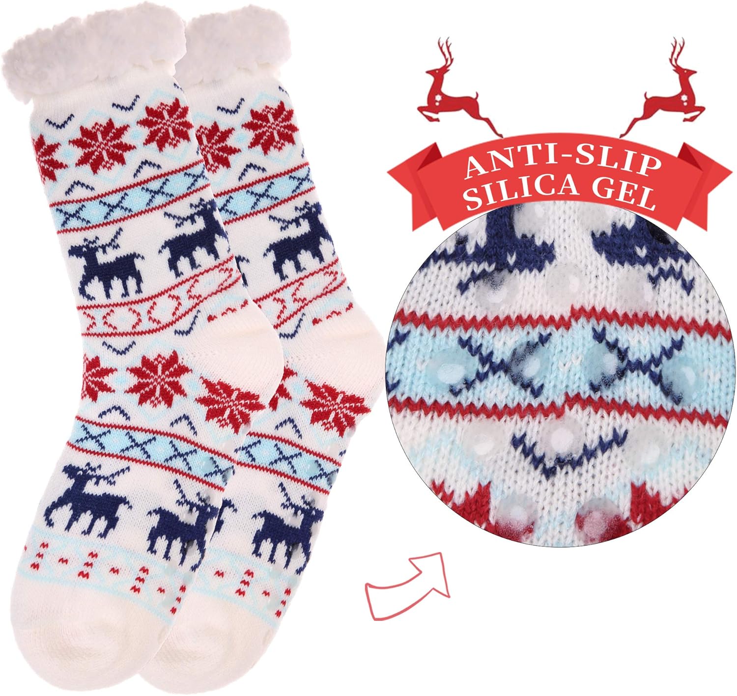SDBING Women's Winter Super Soft Warm Cozy Fuzzy Snowflake Deer Fleece-lined With Grippers Slipper Socks (White) at  Women’s Clothing store