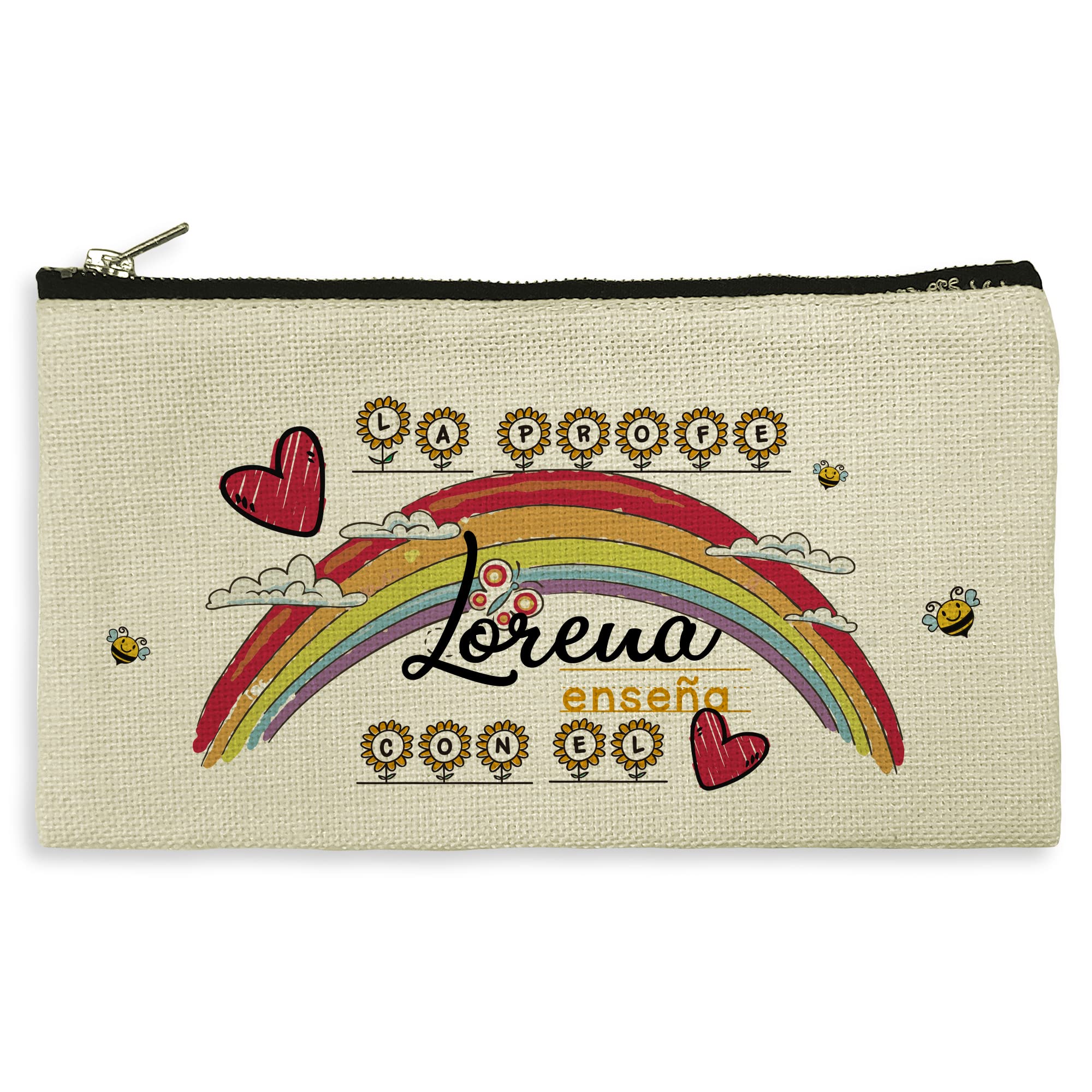 LolaPix Neceser Mujer Personalizado. Estuche Maquillaje. Neceser Viaje. Estuche lapices. Regalo Profesora Primaria. Tejido Tipo Lino. 11.5 x 22.5 cm. Neceser Tela. ENSEÑAR con EL CORAZÓN