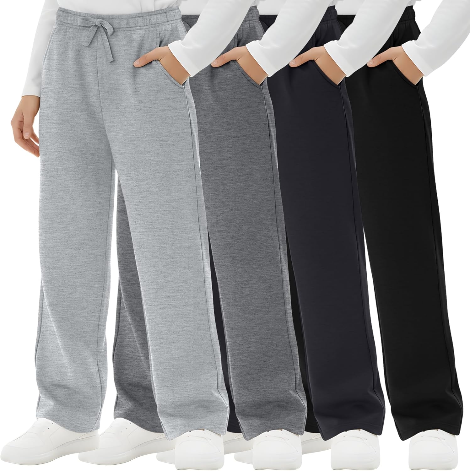 4 Pack Boys Sweatpants Straight Leg Open Bottom Athletic Joggers Lightweight Elastic Waist Pants with Pockets