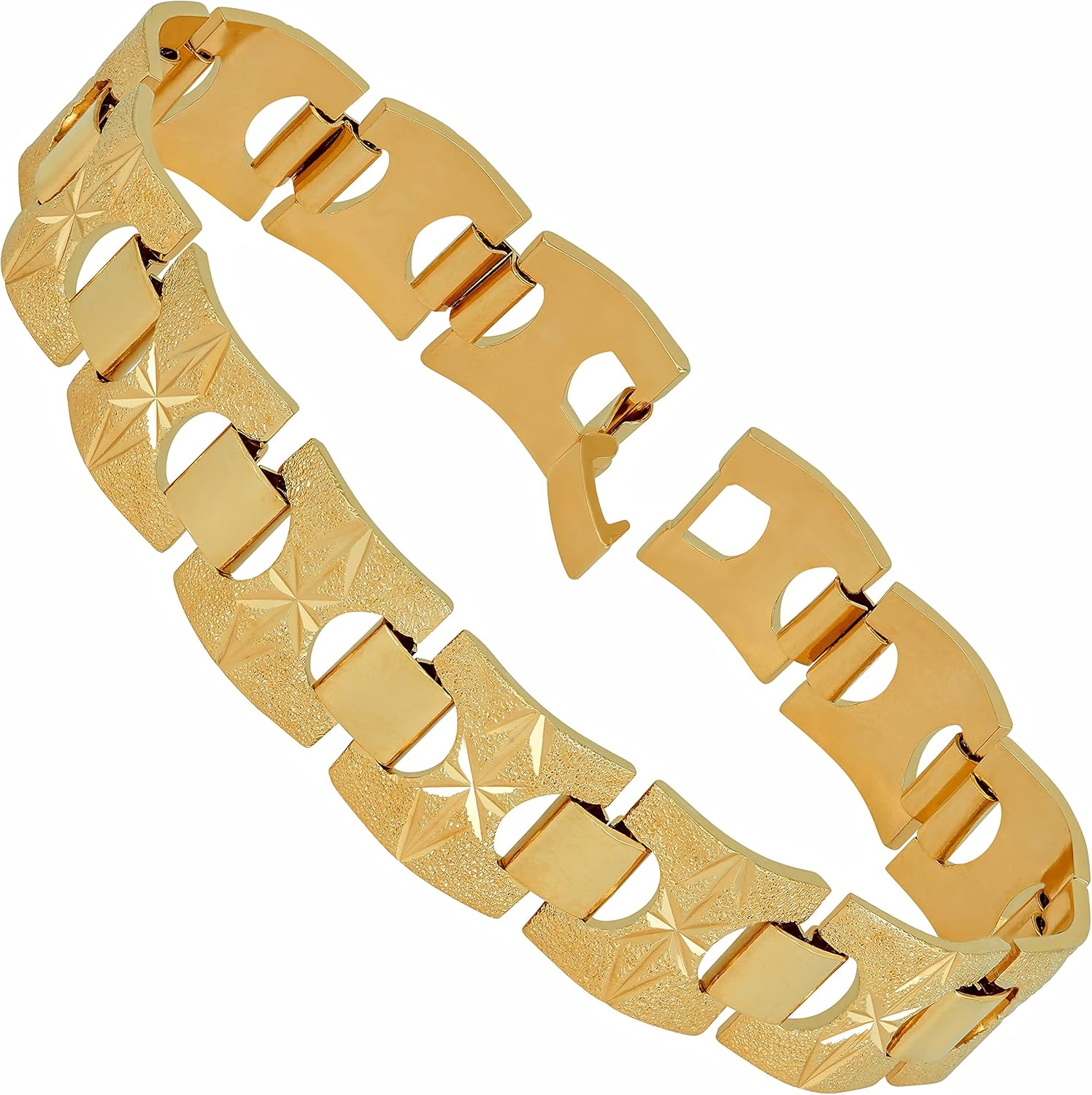 LIFETIME JEWELRY 15mm Diamond Cut Star and Arrows Link Bracelet for Men and Women 24k Gold Plated