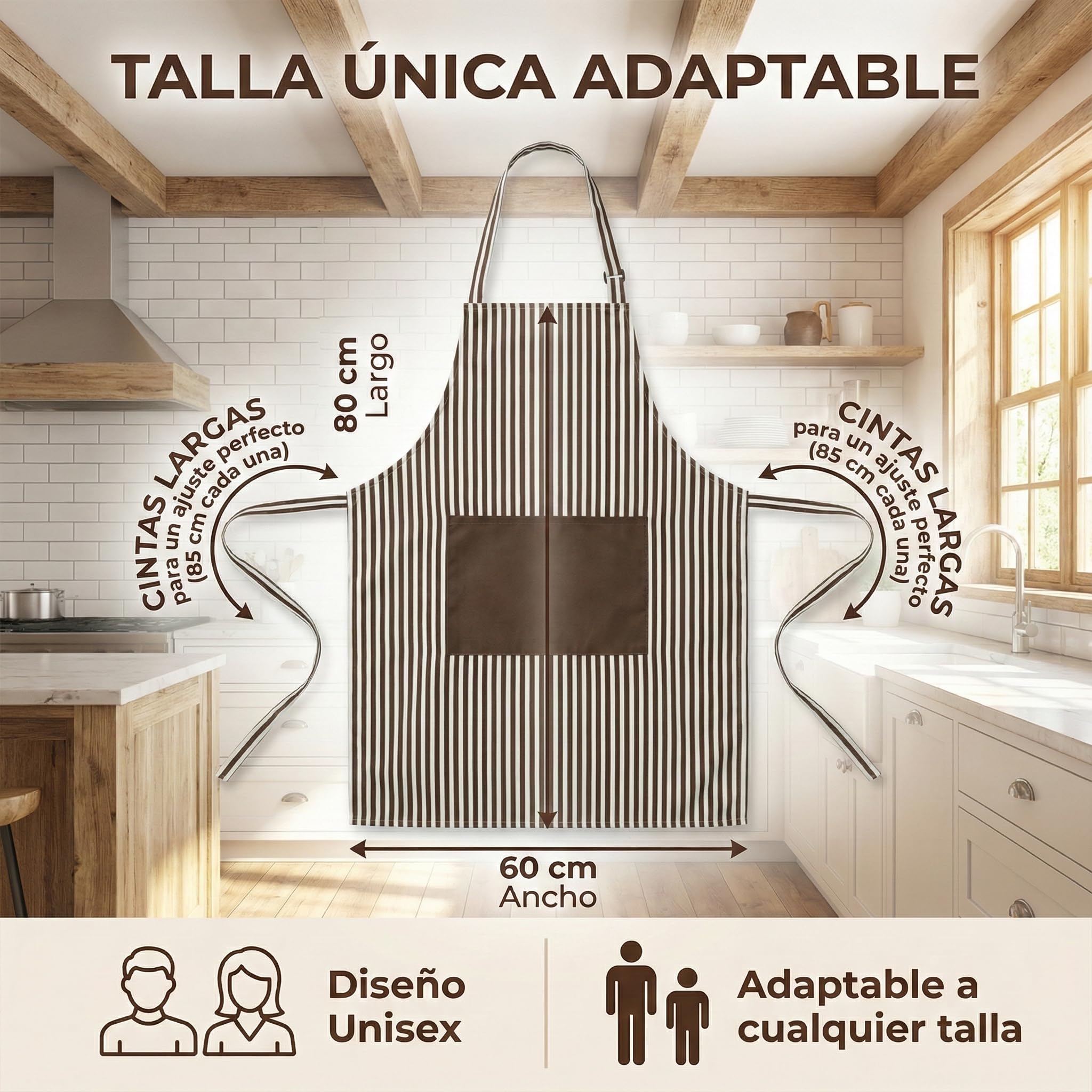 Delantal de Cocina a rayas Frase Matecito para el Alma, Unisex, Ajustable, con Bolsillo, 80x60 cm, Mezcla Resistente Poliéstery Algodón