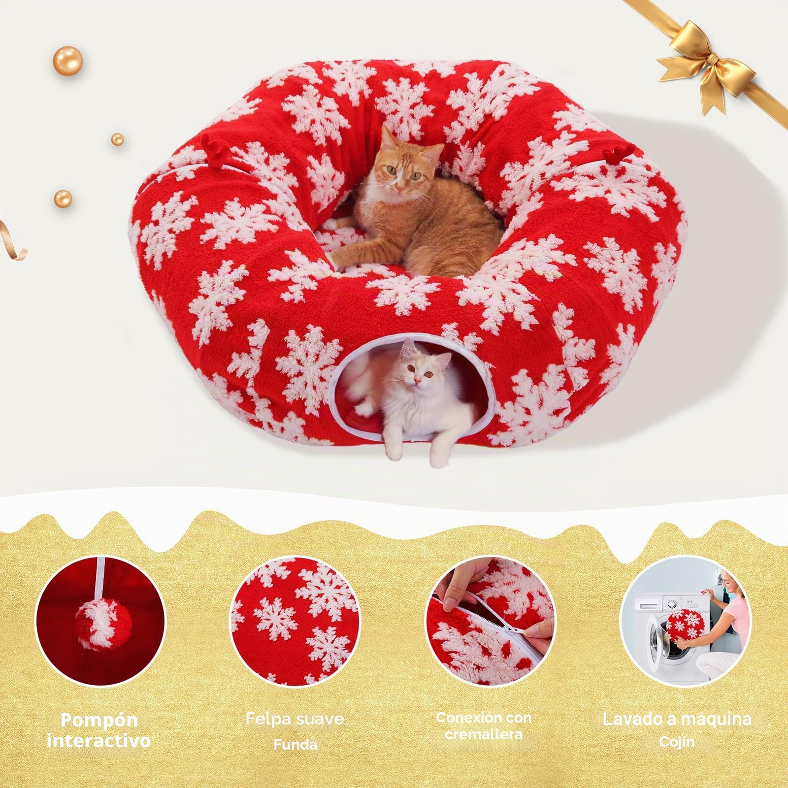 PAWZ Road Túnel Navideño para Gatos con Cama para Gatos de Interior, 2 en 1 Cama de Túnel de Dona para Gatos bajo el Árbol de Navidad, Túnel de Juego para Gatos con Cojín Lavable para Gatitos