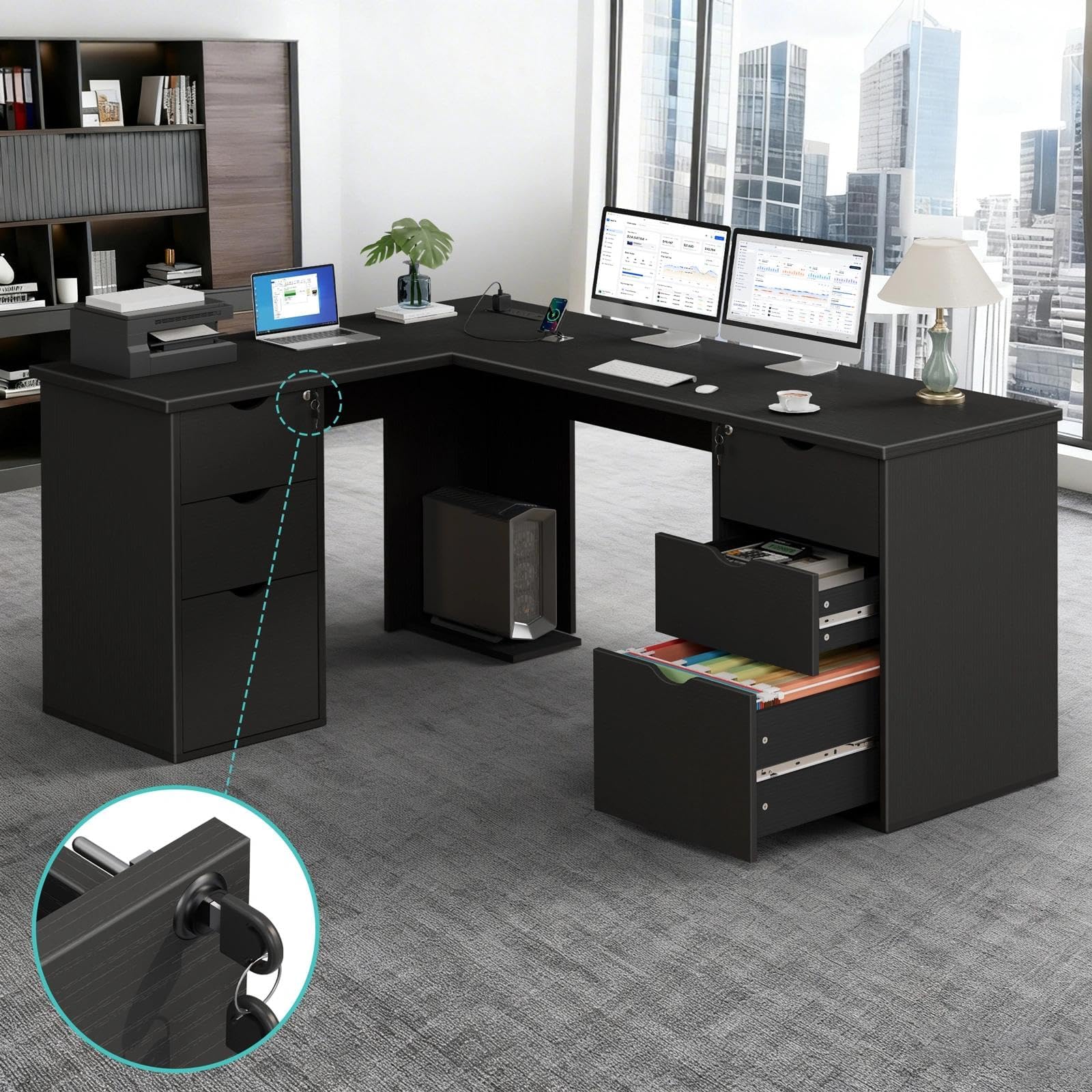 Black L Shaped Office Desk with Drawers - 66 Inch Wood Executive L-Shaped Computer Desk with File Cabinet Storage & Power Outlet, Modern Large Corner Desks with Lockable Filing Cabinets