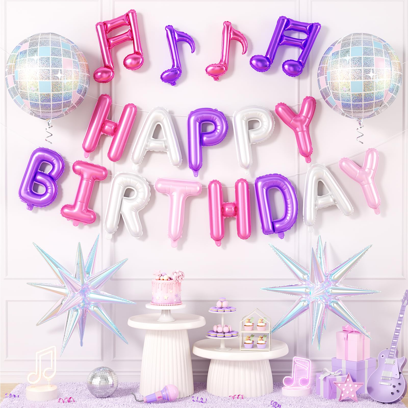 Pink Purple Music Birthday Decorations, Music Note Balloons for Girls Happy Birthday Balloon Banner Disco Ball Star Balloons Girls Birthday Dance Concert Party
