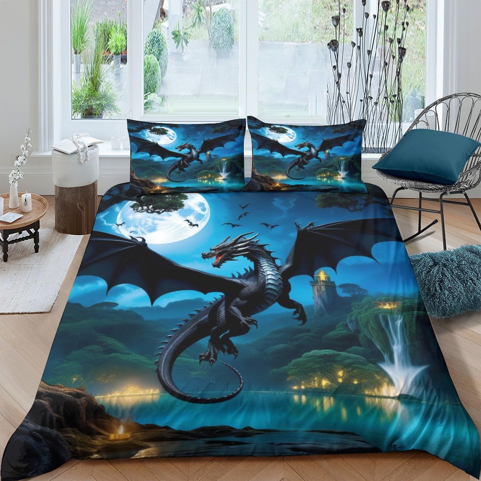 TNFHSOFT Flying Dragon Duvet Cover Microfiber Bedding Set, 3D Print Quilt Cover With Pillowcases, 3 Pieces With Zipper Closure, Winter Soft Comforter Cover Double（200x200cm）