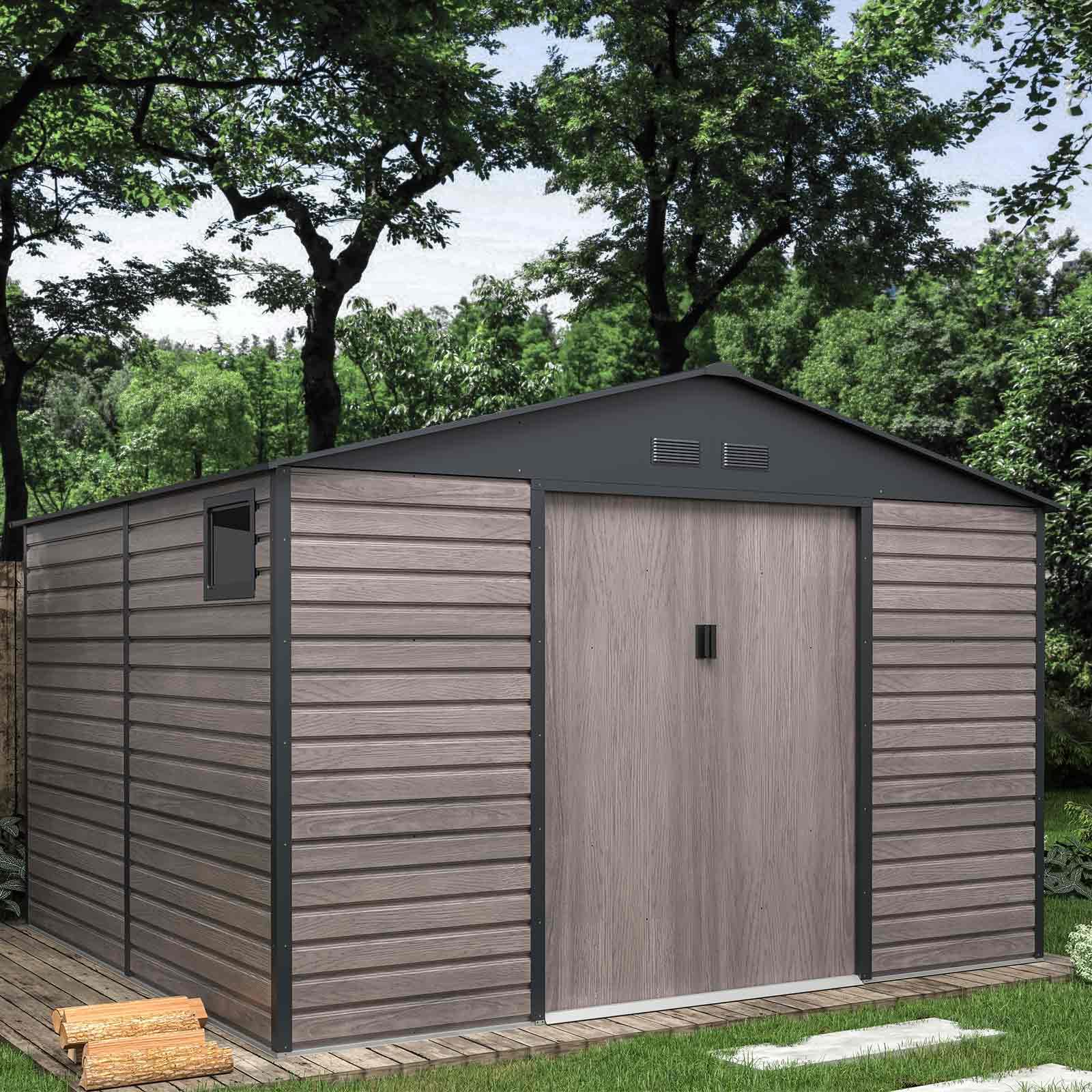 Gardiun - Caseta de jardín de Metal Surrey 10,85 m2 Exterior 340 x 319 x 226 cm, Acero con Ventana Lateral y Efecto Madera granulada
