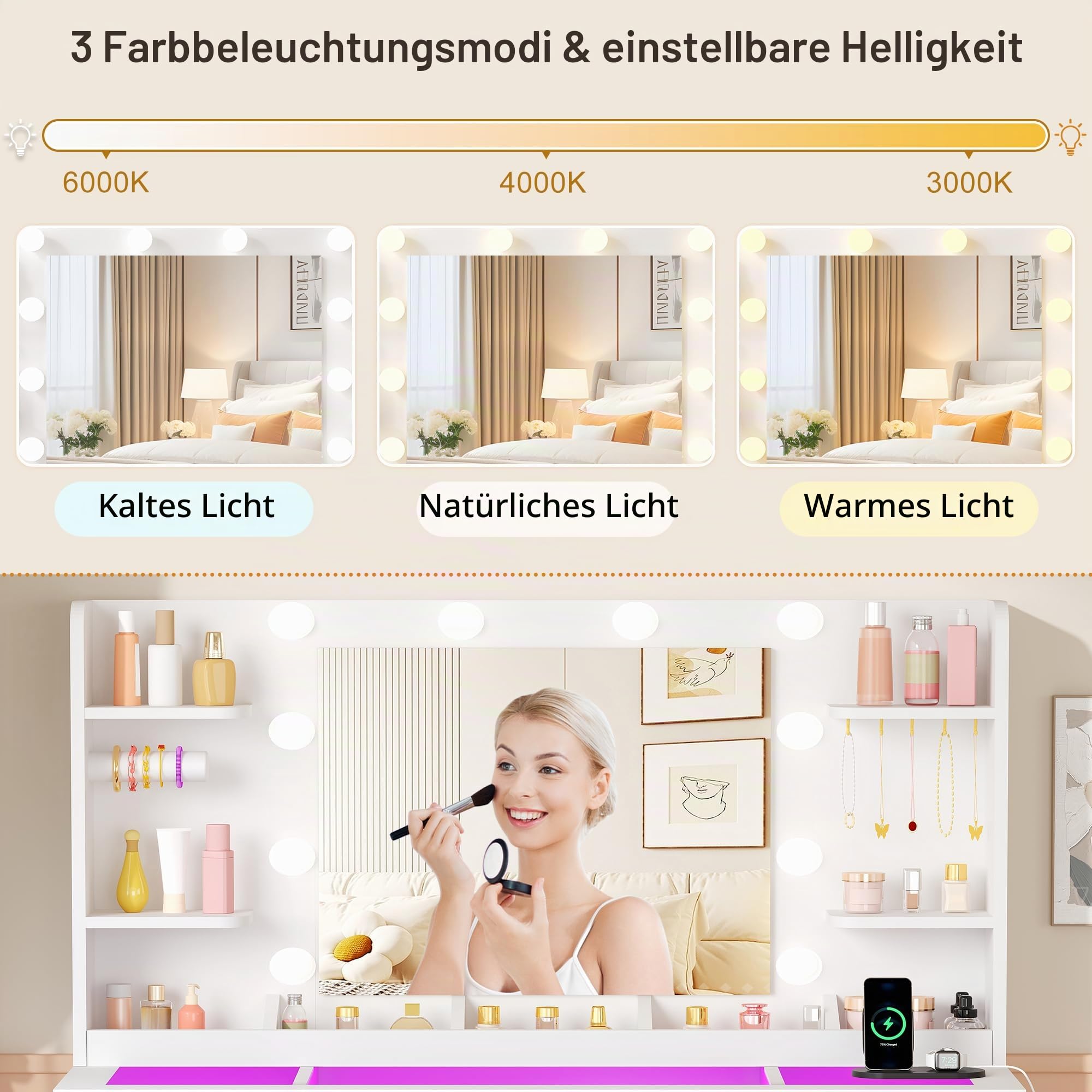 ANWBROAD Großer Schminktisch mit RGB-Beleuchtung und Spiegel