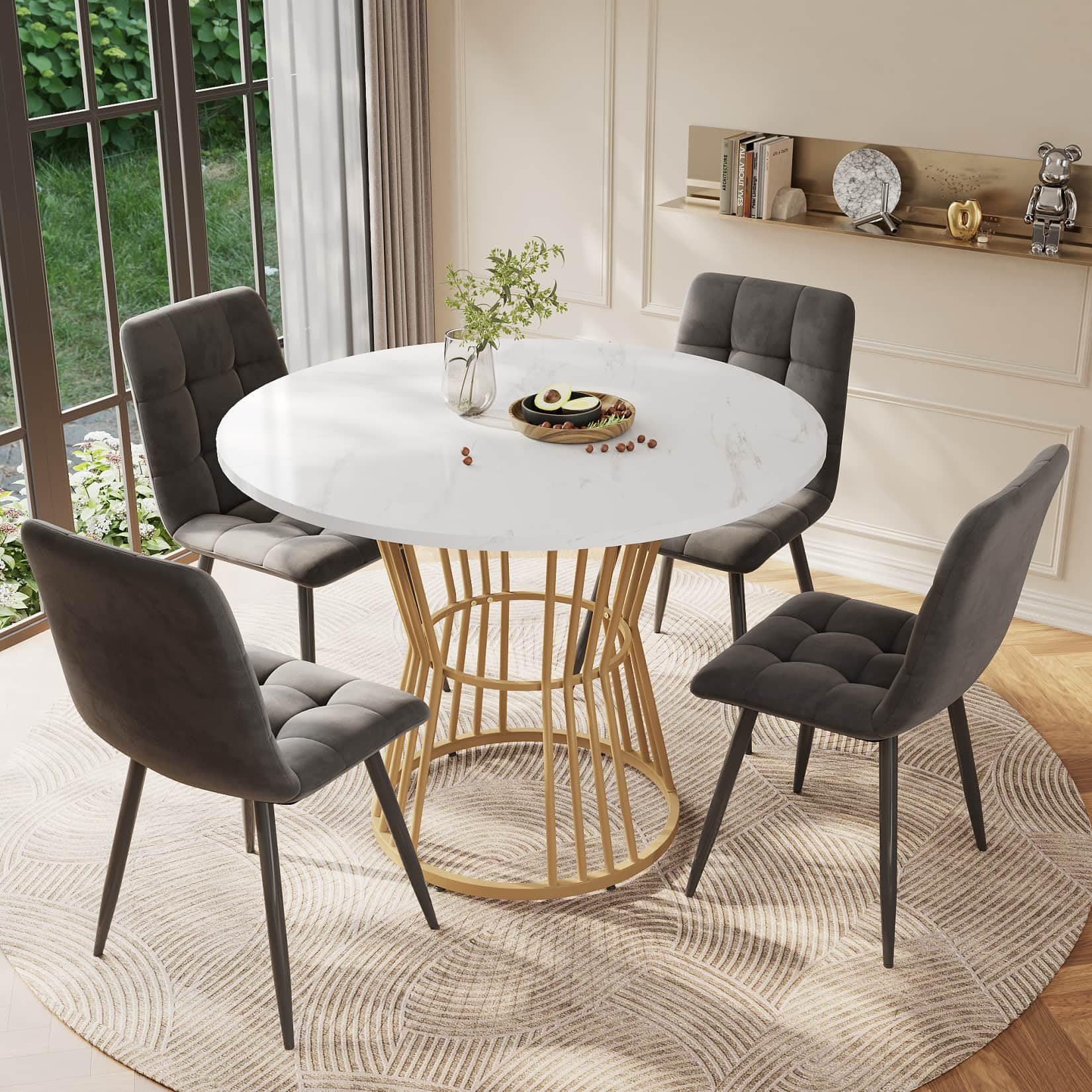 PUGSDRLY Table a Manger 100x100x75cm avec 4 Chaises,Table Ronde et Chaises en Velours,Pieds en Métal,Ensemble de Salle à Manger Moderne pour 4 Personnes (Gris+Or)