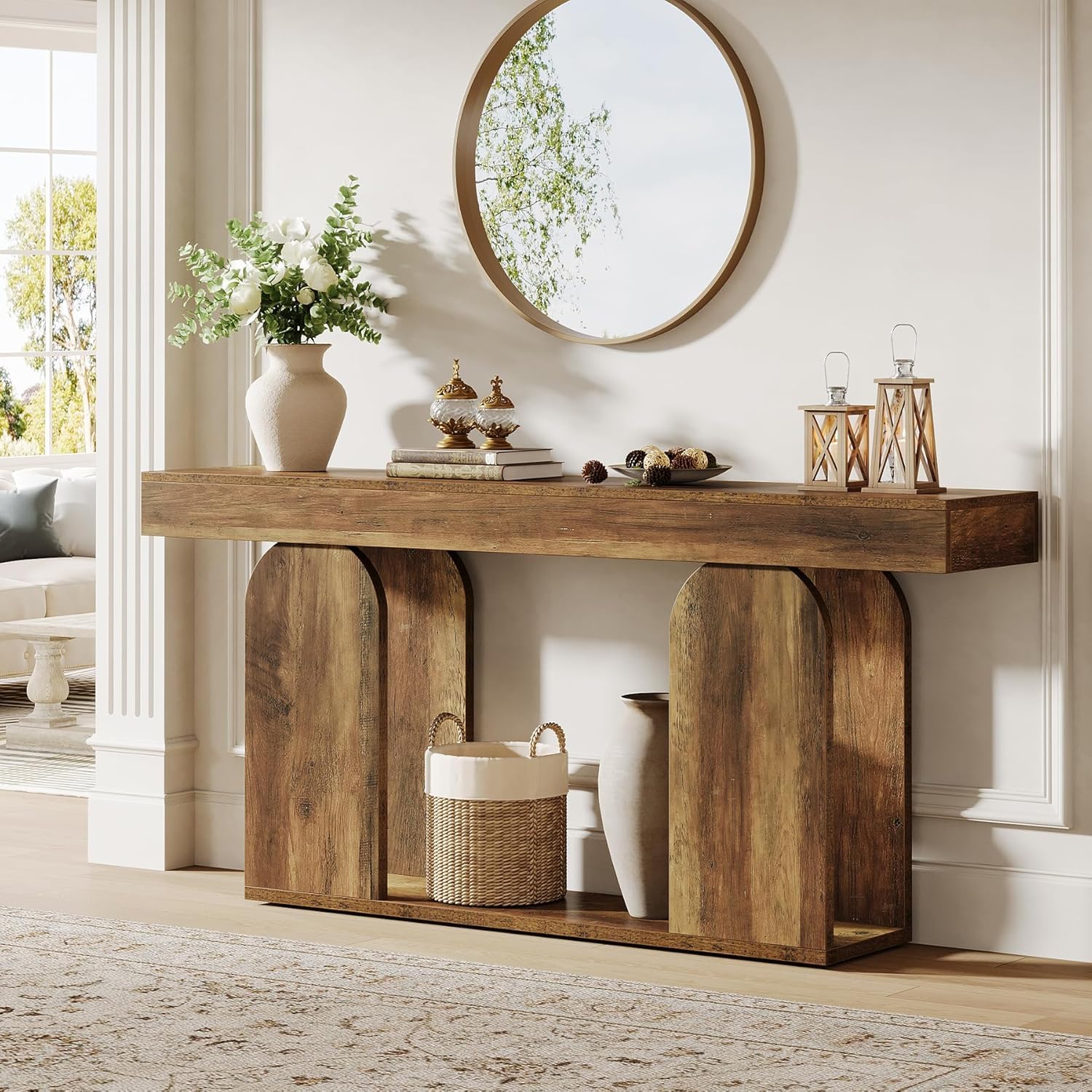 Tribesigns 160 cm Consolle Ingresso, Tavolo Consolle in Legno Industriale Dietro il Divano con Gambe con Motivo Retrò Cavo per Soggiorno, Corridoio, Ingresso, Marrone Rustico