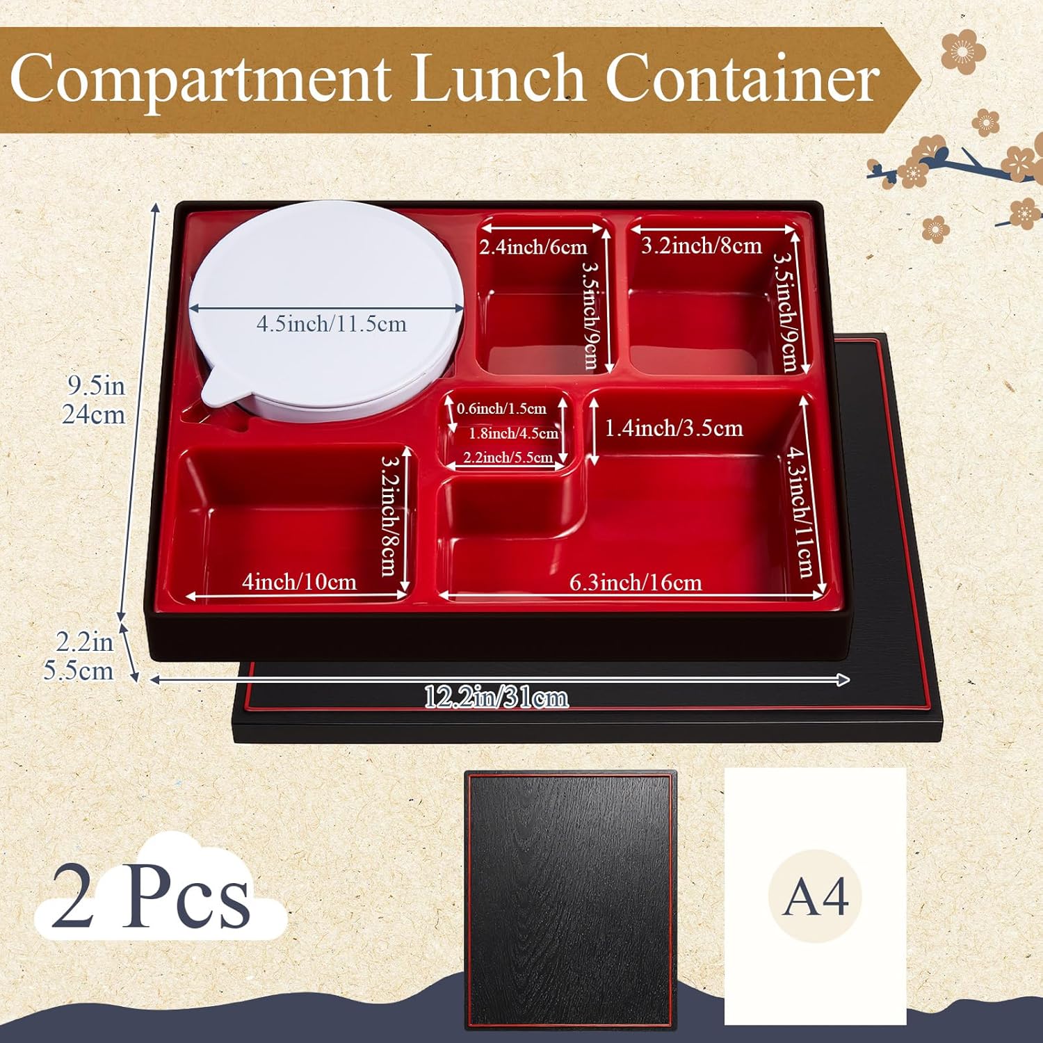 2 Pcs 12 x 9.5 x 2.2 Inch Japanese Lunch Box 6 Compartments and Bowl Divided Bento Box with Greaseproof Adult Japanese Bento Lunch Container Sushi Home Restaurant