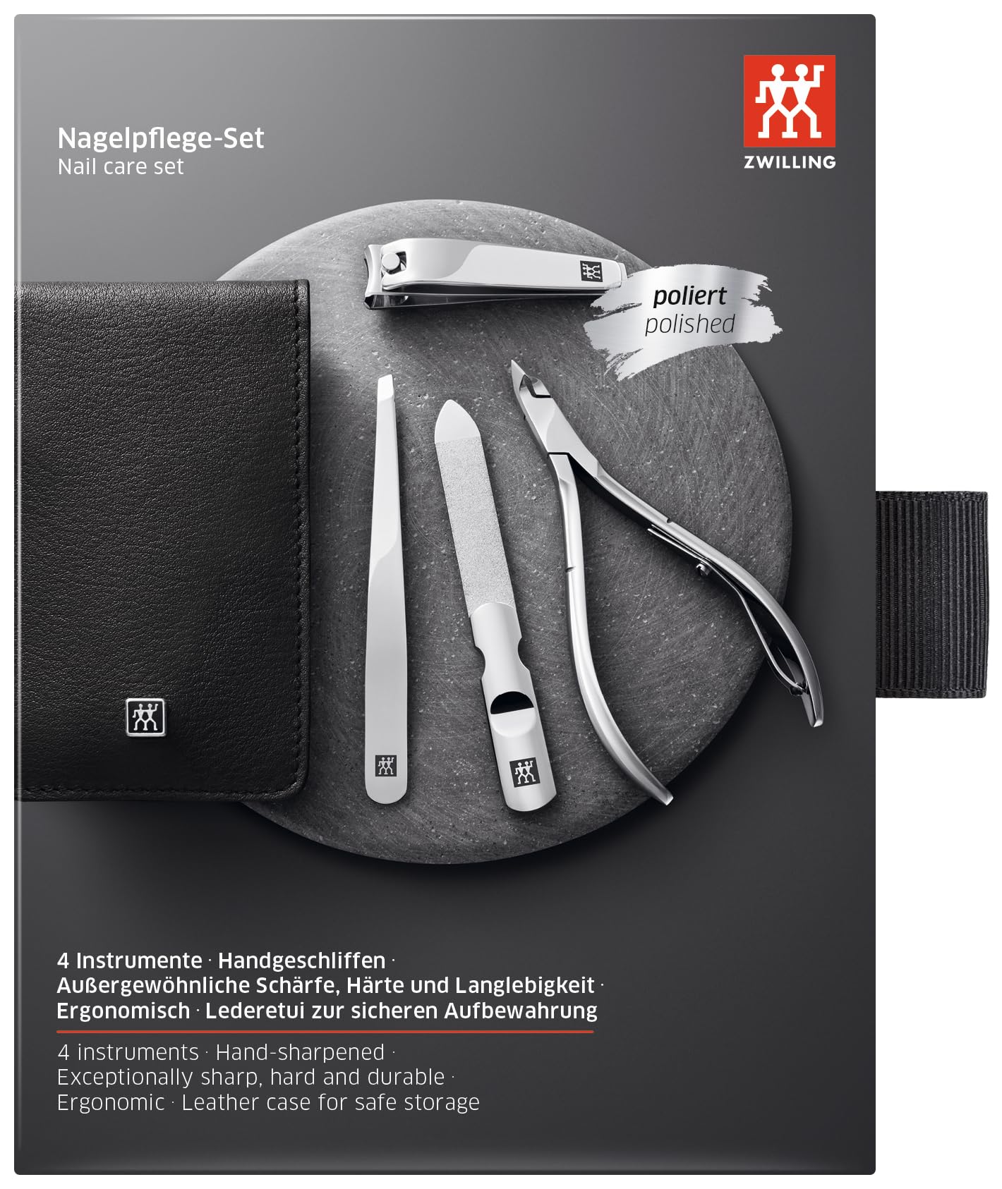Zwilling Maniküre-Set (4- oder 5-teilig, Echtleder-Etui mit Druckknopf, ergonomisches Design, mit Nagelhautzange), Edelstahl poliert, Premium Edition