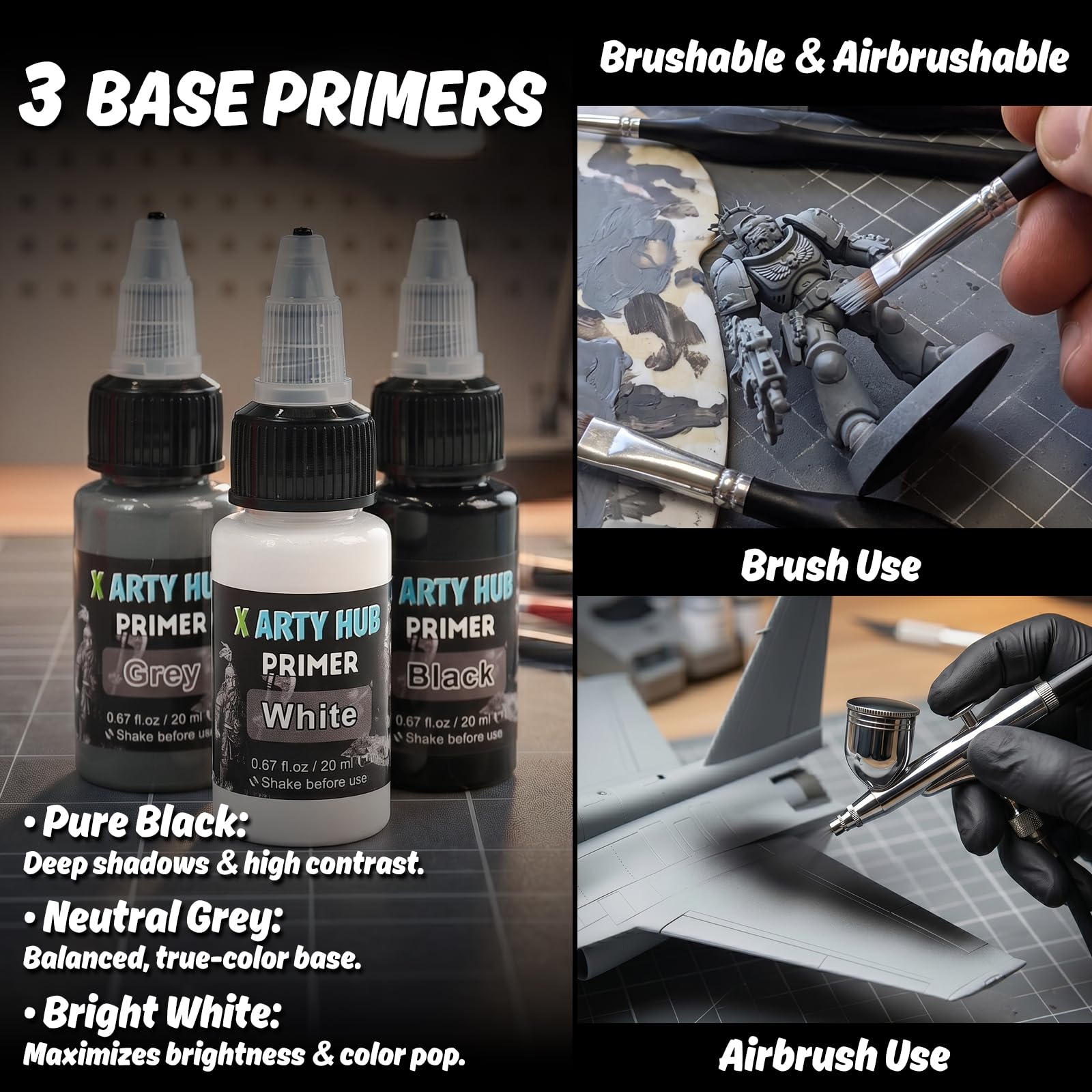 Kit di Colori per Modellismoper, Pennello e Aerografo | 20 Colori Acrilici, 3 Primer, Diluente e 10 Pennelli, per Auto in Miniatura, Miniature e Wargame da Tavolo