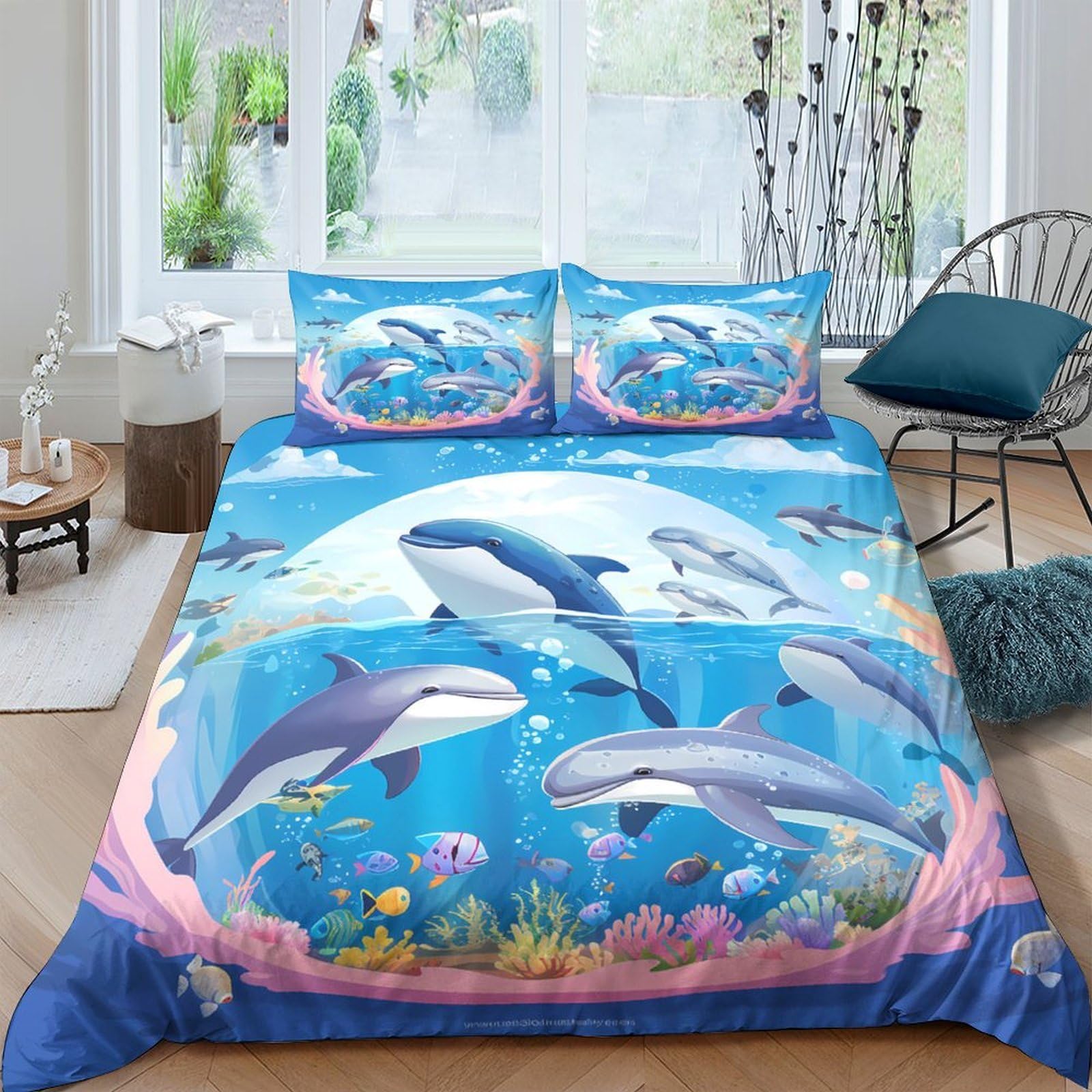 Ctjqhvkz Style-9 3D Printed Ocean Dolphin Fitted Sheet Microfiber Soft Blue Sea Coral Bed Cover For Bedroom Guest Room Decor Single（135X200cm）