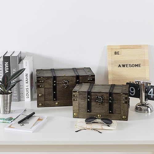 Miniatura 4 de Soul & Lane Cofres del tesoro de madera, juego de 2, baúles de almacenamiento antiguos, cajas de almacenamiento decorativas de madera con tapas con