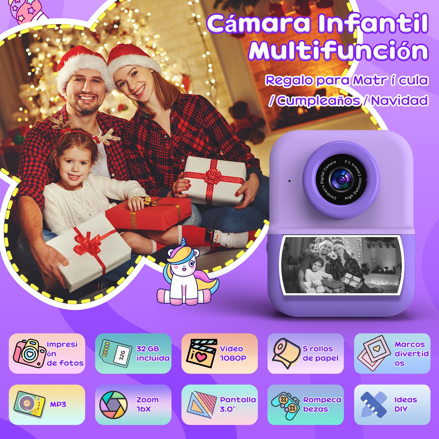 Camara Fotos Infantil Instantanea, 20MP con Pantalla HD De 3.0'', Cámara Fotos Infantil con Tarjeta 32GB y 5 Rolls de Papel, Cámara Instantánea, para niños de 12 años 03