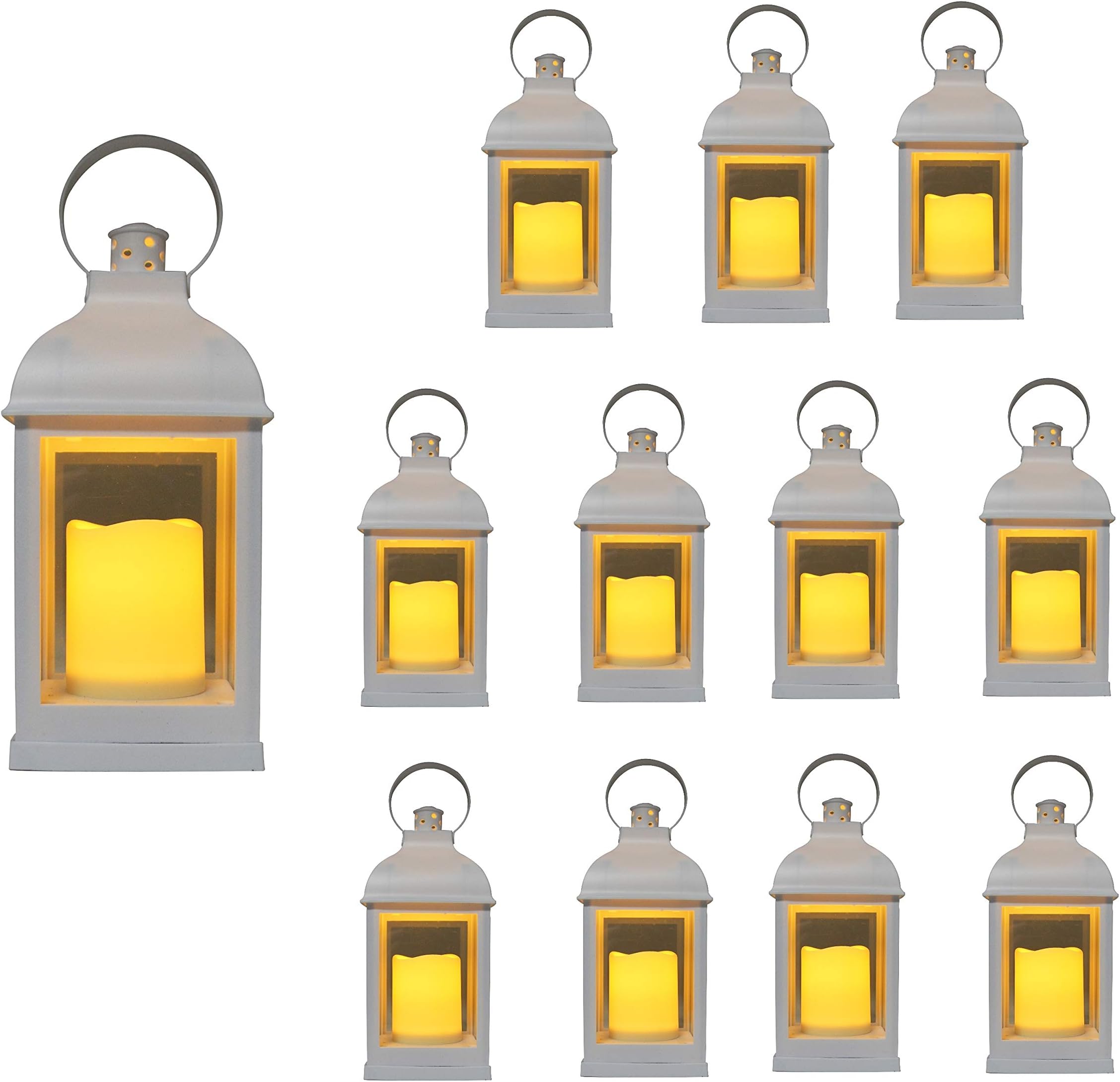 THE NIFTY NOOKJust in Time for Winter {12 Pc Set} 10" Decorative Lanterns with Flameless LED Lighted Candle, 5 Hr Timer, Antique Look Indoor Outdoor Home, Garden, Weddings - White.