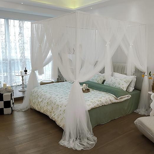 Canopy Bed Curtains - 4 Corners Post Bed Canopy Curtains for Girls & Adults, Bed Princess Bed Canopy Mosquito Net Bedroom Decoration Accessories - White, Twin Size