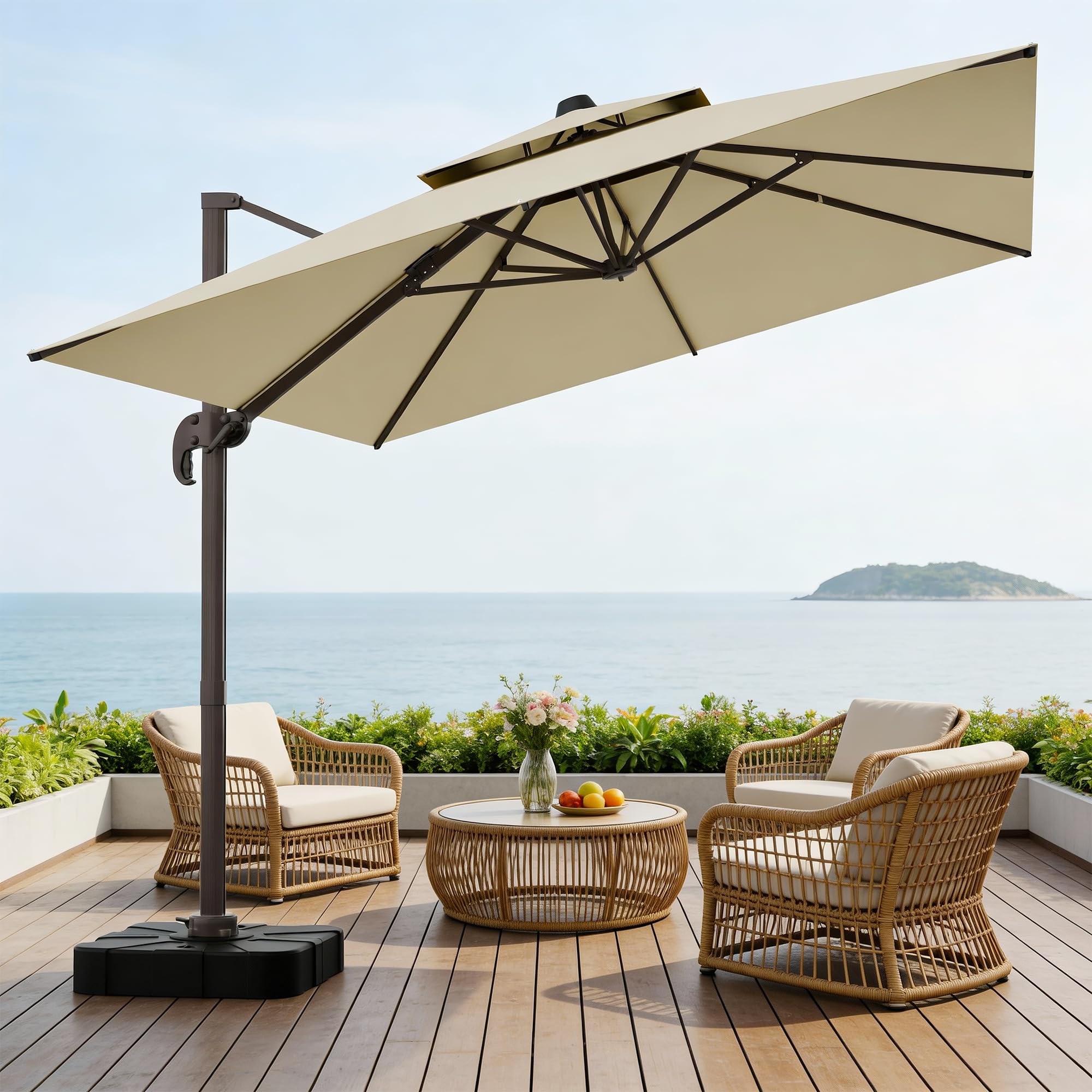 UMBFUN Sonnenschirm 300 x 400 cm mit Fußpedal und Kreuzsockel,Groß Ampelschirm,Kurbel Doppeldach Gartenschirm mit 360° Drehbar für Terrasse,Pool,Outdoor,Balkon Sonnenschutz