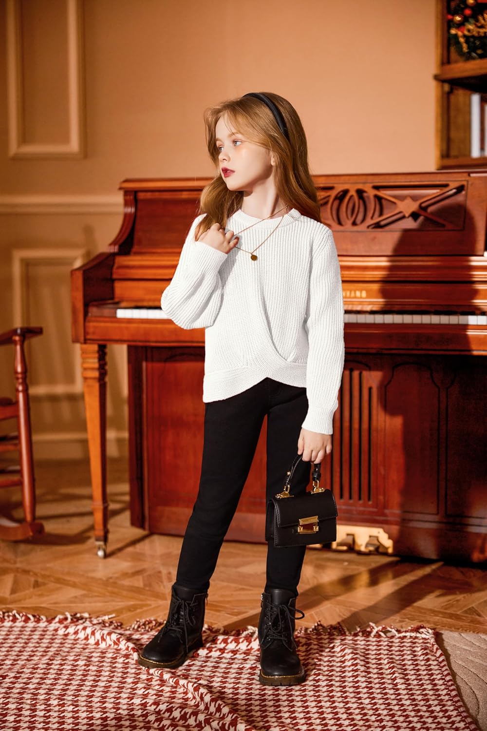 Arshiner Meisjestrui Lantaarnmouw Kinderen Gebreide Warme Trui Losse Ronde Hals Pullover Top Winter Lange Mouw voor Meisjes 7-14 Jaar, Wit, 13-14 jaar