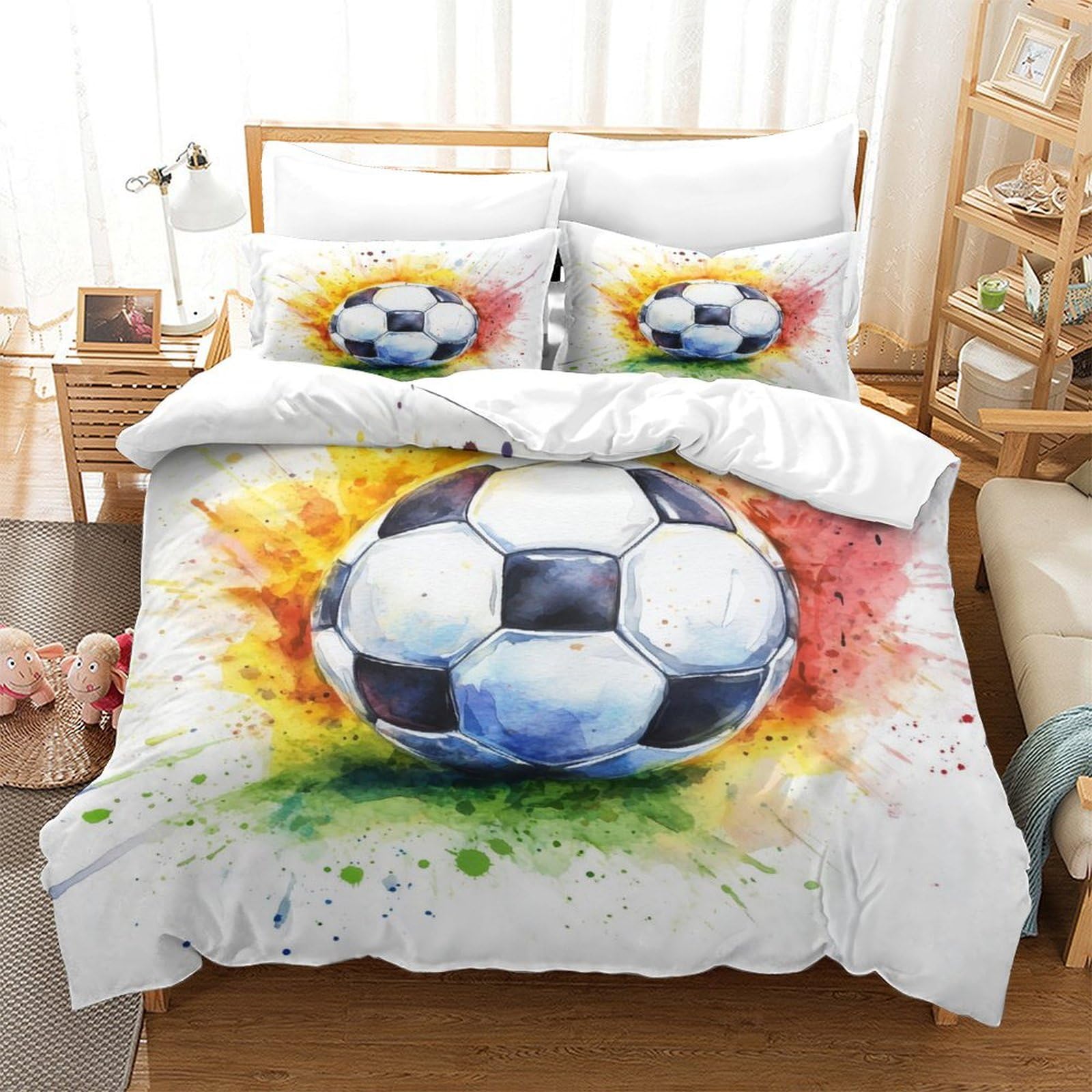 P1S9U7W5Y Vibrant Soccer 3D Printed Duvet Cover Set 3pcs Microfiber Colourful Football Bedding Set King（220x240cm）