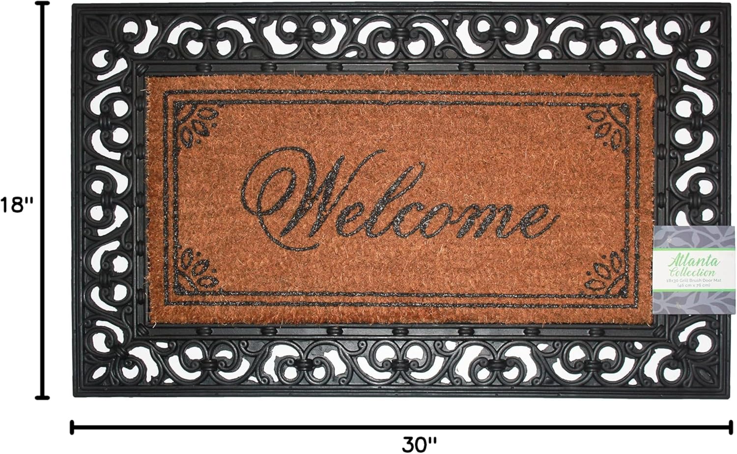 Kashi Home Printed Grill Brush Coir Outdoor Doormat, Welcome Mat, Atlanta Collection 18" x 30" (Border Script Welcome)