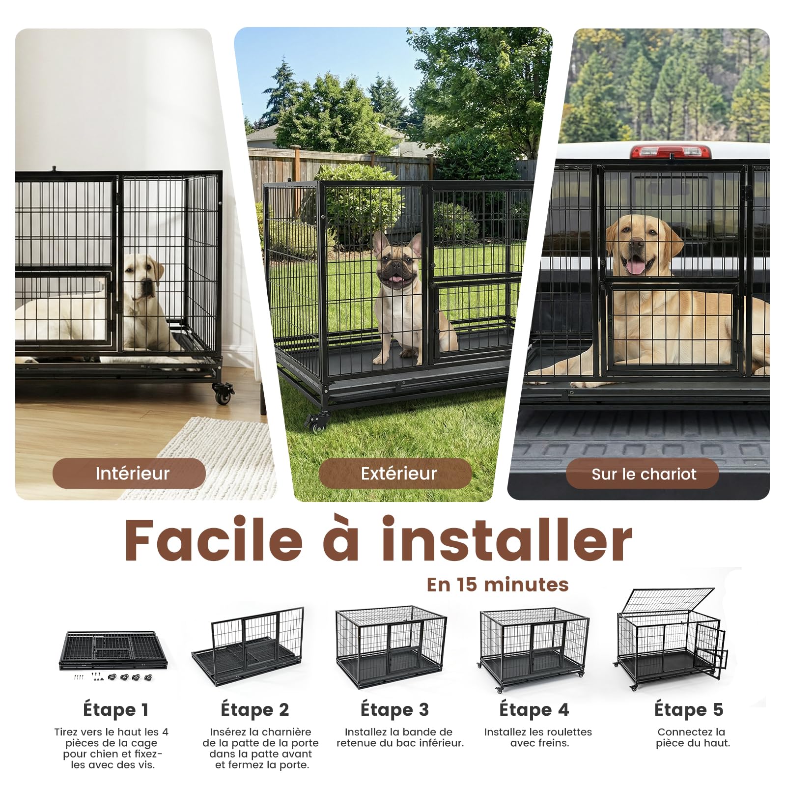 Gardner Pet Cage pour Chien Lourd Taille XL 111x75.5x75cm Anti-Évasion avec Plateau 3 Portes Amovibles Roulettes Verrouillables Noir