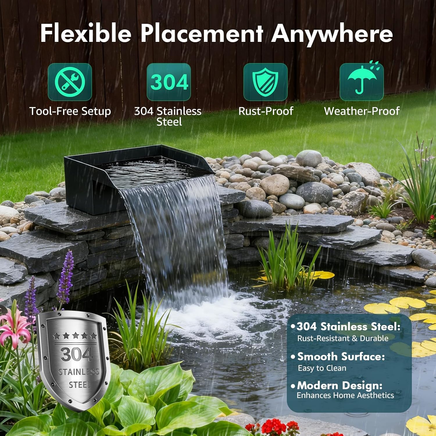 Pond Waterfall Spillway Kit, 12" Pond Waterfall Filter with 660GPH Waterfall Pump & Filter Cage, 10 Ft Corrugated Tubing for Outdoor Garden Ponds, Backyard Water Features