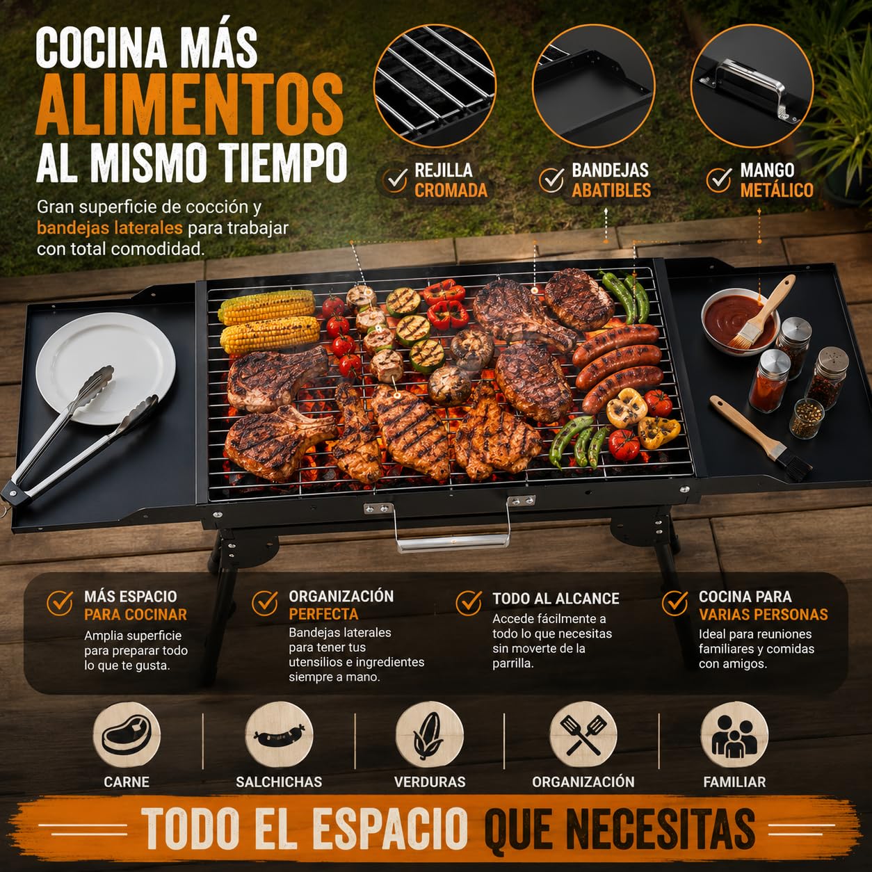 TIENDA EURASIA – Barbacoa de Carbón Plegable | Portátil con 4 Patas Plegables y 2 Bandejas Laterales Abatibles | Acero Esmaltado | Rejilla de Cocción Cromada | Negro | Carbón o Briquetas | 82x30x57 cm