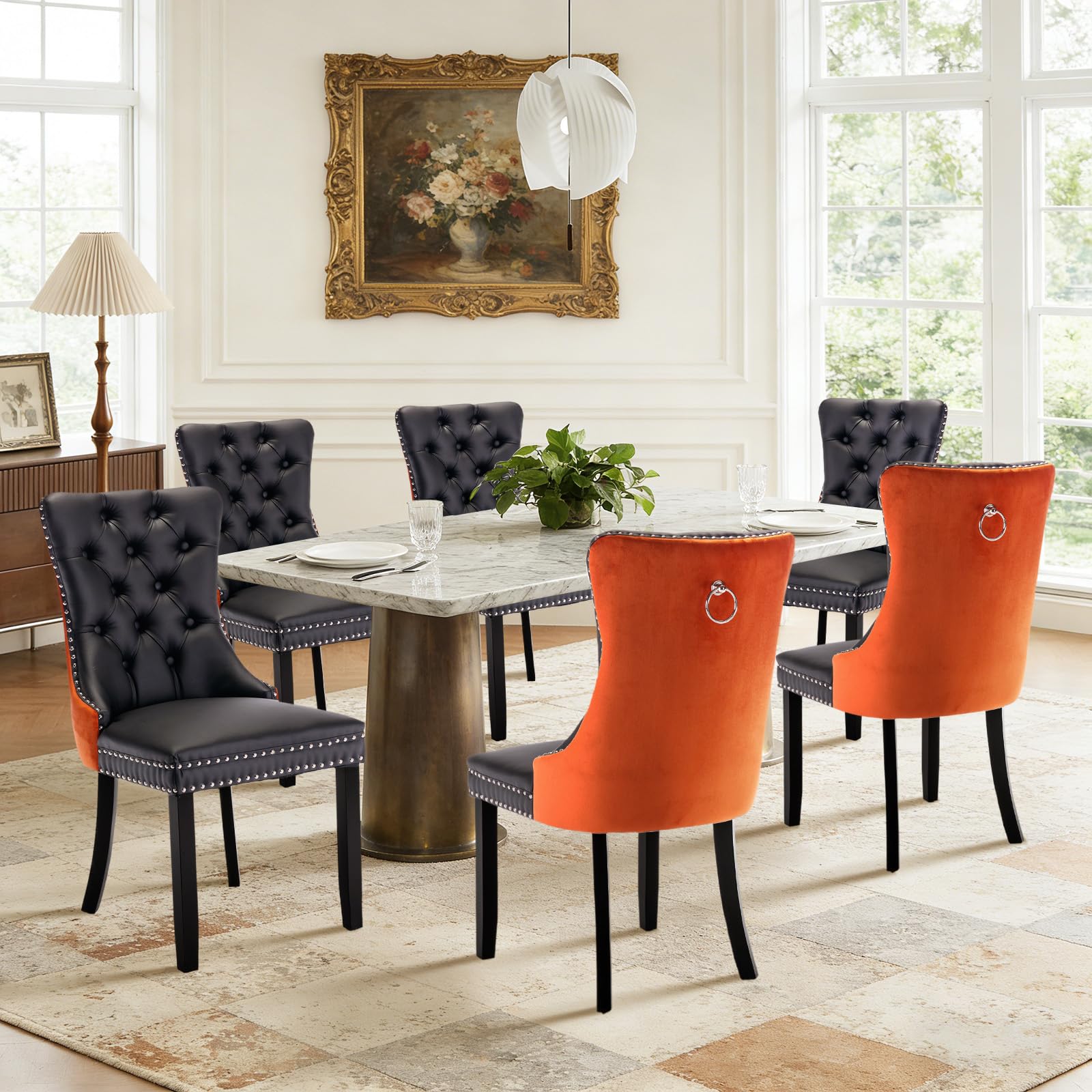 JETEAGO Leather Dining Chairs Set of 6, Tall Back Side Chair, Modern Upholstered Side Chair with Button Back Ring, Solid Wood Legs (Black&Orange)