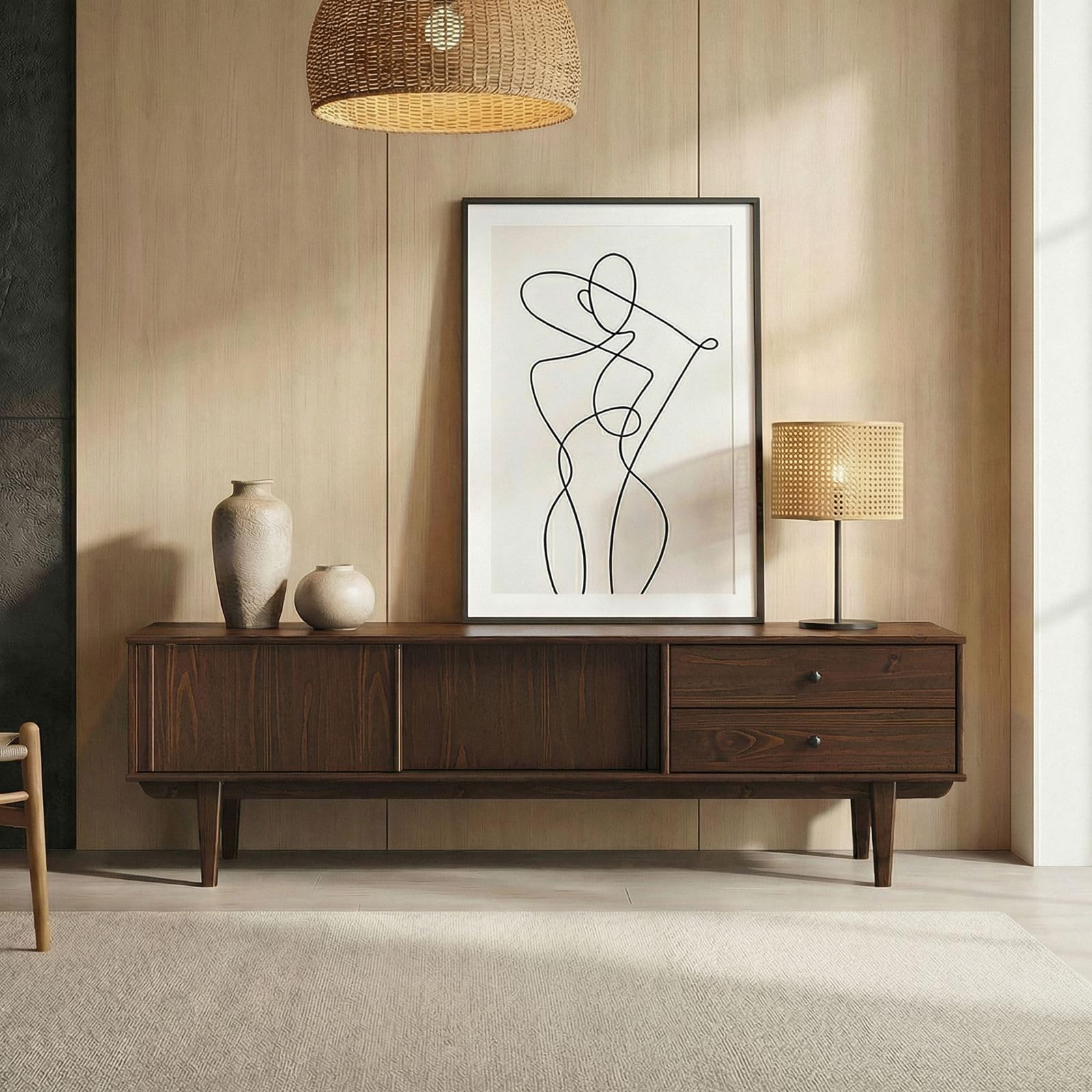 IDIMEX Lowboard Simona, 175 cm aus Massivholz, Nussbaum Finish - TV Lowboard mit 2 Schiebetüren und 2 Schubladen, Wohnzimmermöbel aus Kiefer, Flurmöbel mit viel Stauraum, Wohnzimmer Sideboard