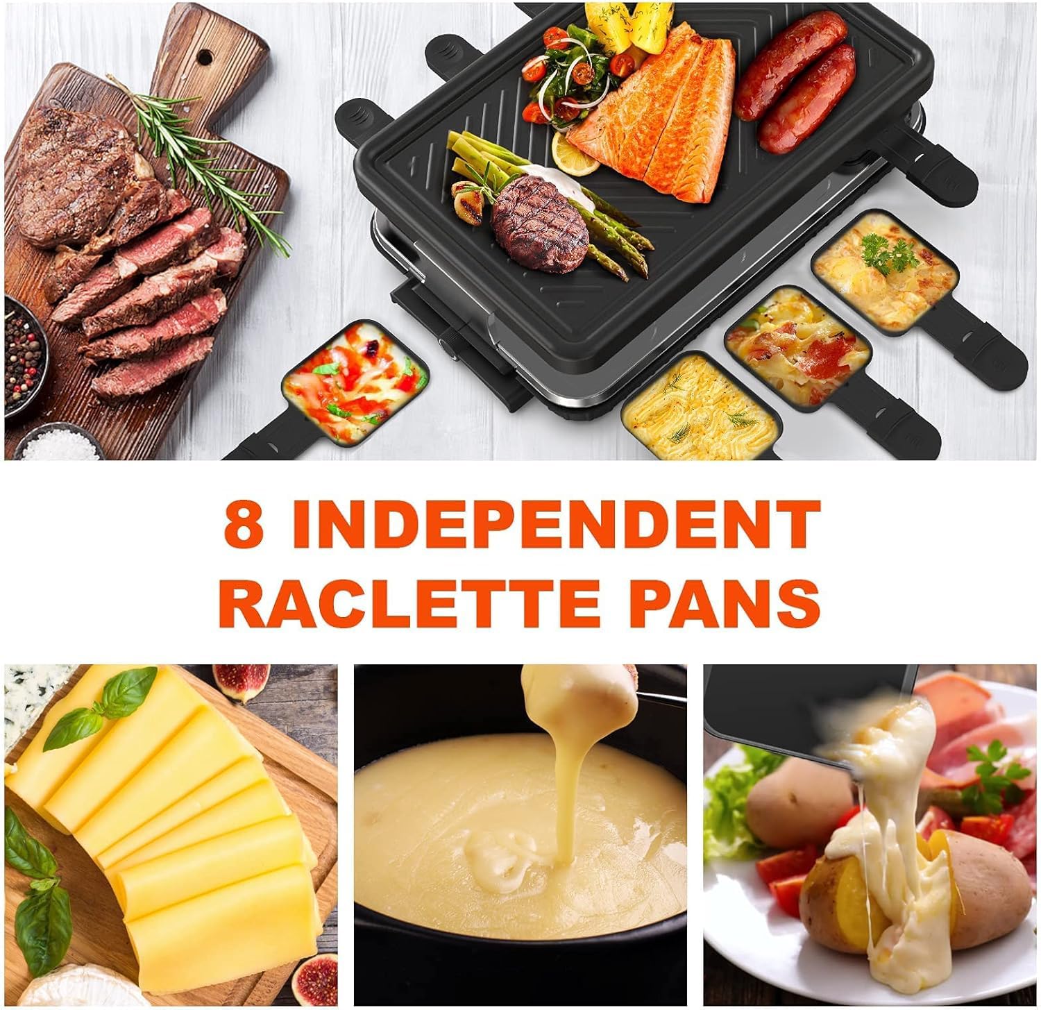 HengBO Griglia per raclette per 8 persone con 8 padellineantiaderenti, piastra grill regolabile senza scatti, elettrica, 1300W, in acciaio inossidabile, nero