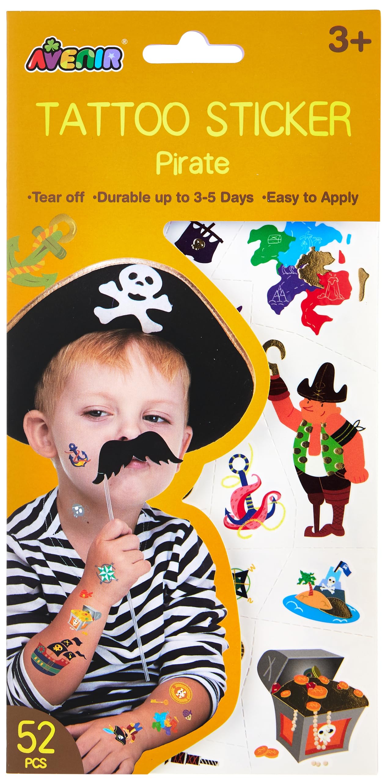 Avenir Pirate Tattoo Sticker - 52pc Set of Water-Based Temporary Tattoos - Safe and Easy to Apply and Remove - Lasts 3-5 Days for Kids 3+
