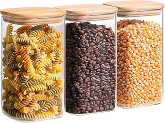 ComSaf 44oz Glass Storage Containers with Lids, Glass Jars with Bamboo Lids, Clear Food Storage Jar, Square Glass Canister Set of 3, Pantry Organizers and Storage for Flour Oat Pasta Tea Coffee Bean