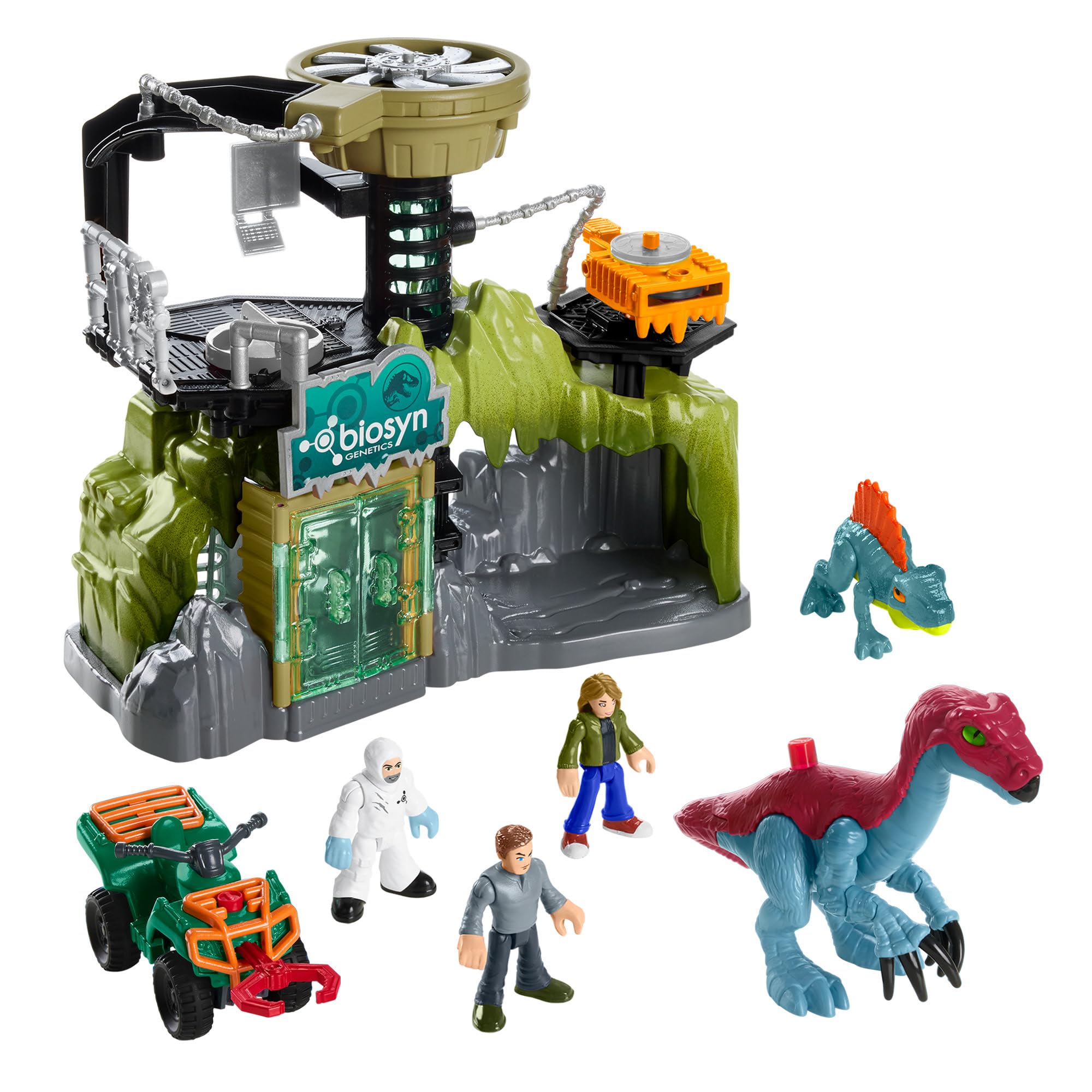 Fisher-Price Imaginext Jurassic World Laboratorium dinozaurów Zestaw z figurkami (Owen Grady, Maisie i Dr Grant) i dinozaurami: terizinozaurem i dimetrodonem, dla dzieci od 3 roku życia, HPT69