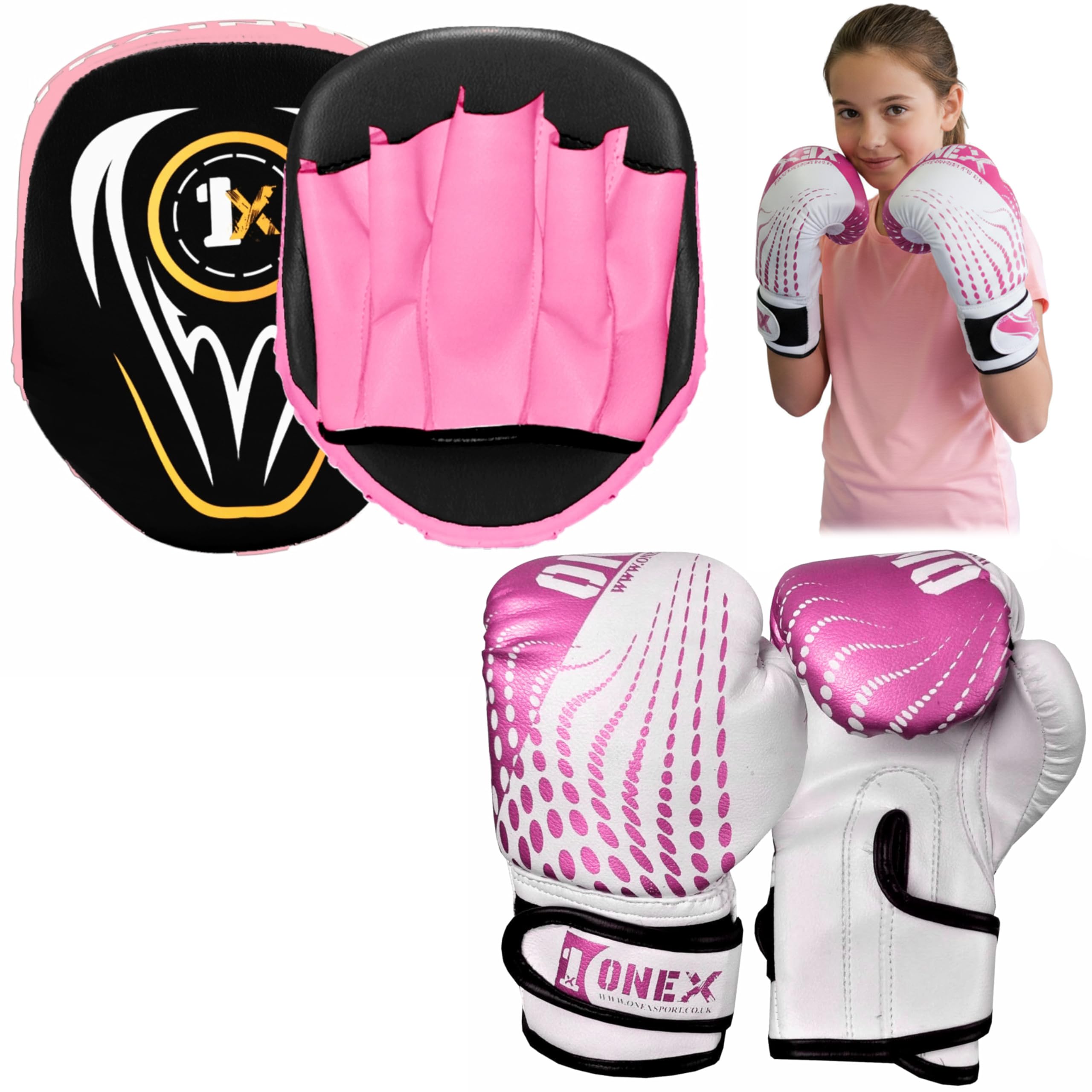 Boxing Gloves & Focus Pads Set – 6oz 4oz 2oz Gloves Hook & Jab Pads for Training, Kickboxing, Muay Thai, Punching, Sparring, MMA, Martial Arts, Taekwondo, Home & Gym Workout (PINK, 4oz)