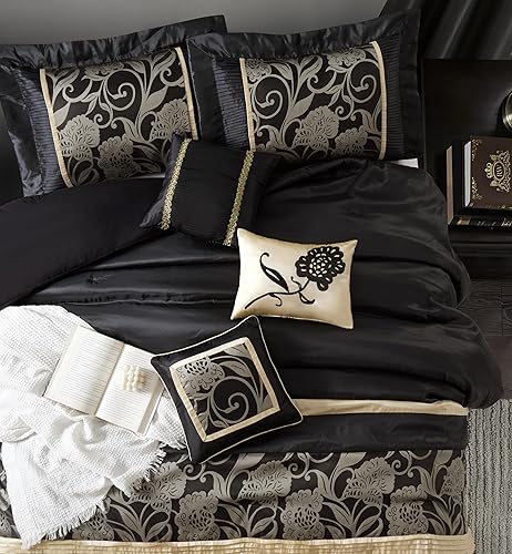 Miniatura 3 de Grand Avenue Juego de edredón floral jacquard, juego de ropa de cama de 7 piezas, tamaño Queen, color negro, almohadas y fundas a juego, falda de
