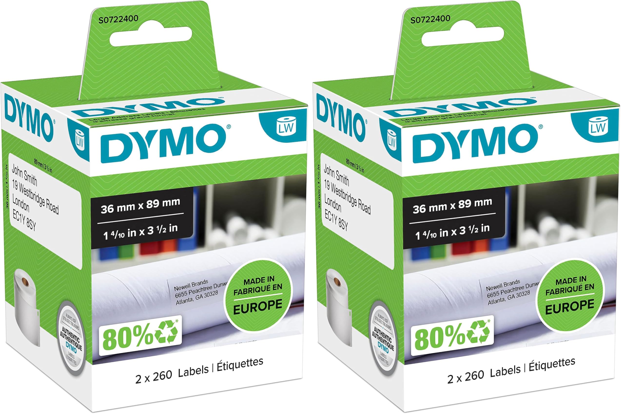 DYMO LW grandes étiquettes d'adresse autocollantes authentiques | 36 mm x 89 mm | impression en noir sur fond blanc | 2 rouleaux de 260 étiquettes (520 étiquettes) | pour les étiqueteuses LabelWriter