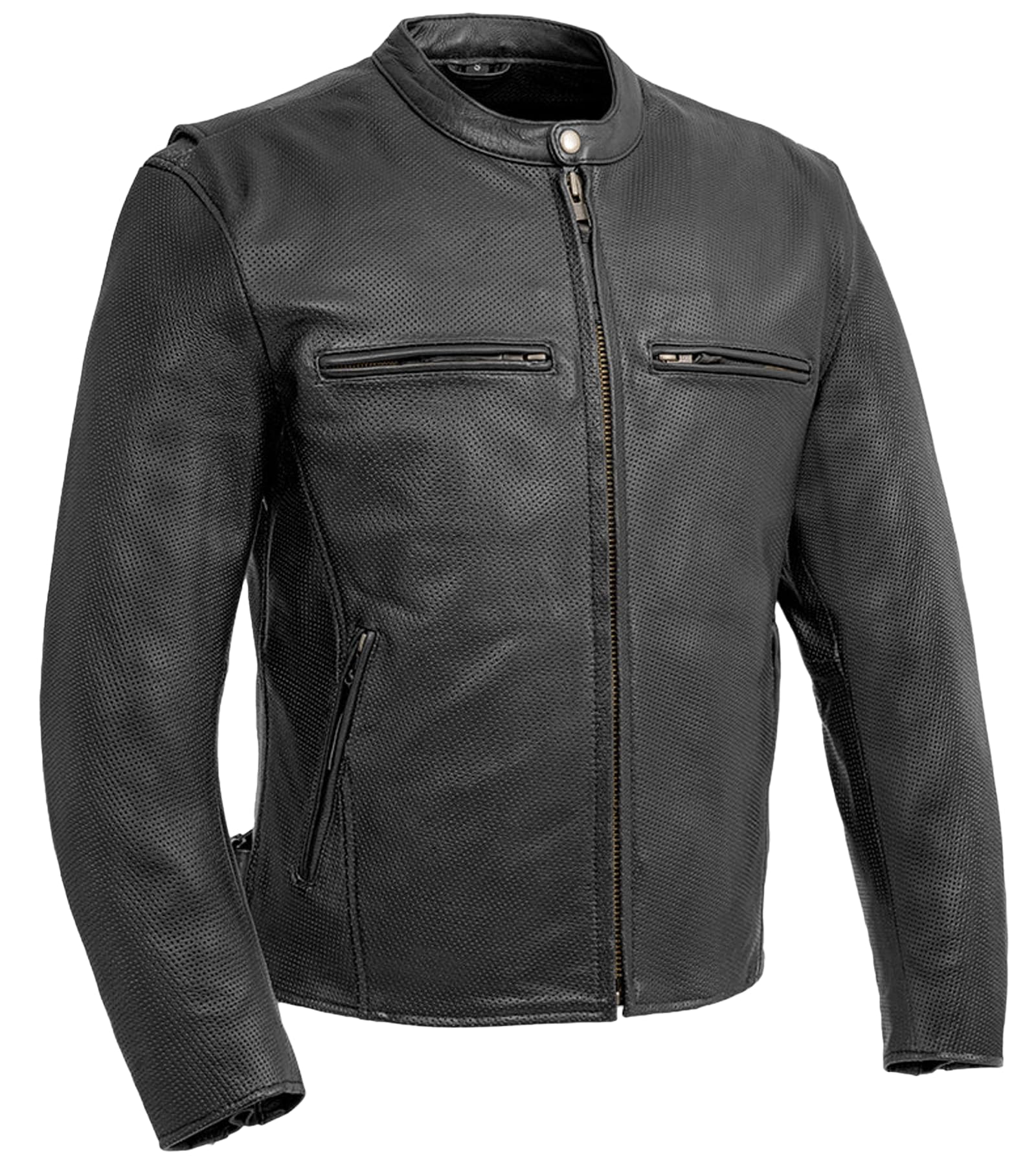 First Mfg Co - Turbine - Men's Motorcycle Biker Riding Black Leather Jacket - Small - Action Back Armor Pockets Belted Grommets Gussets